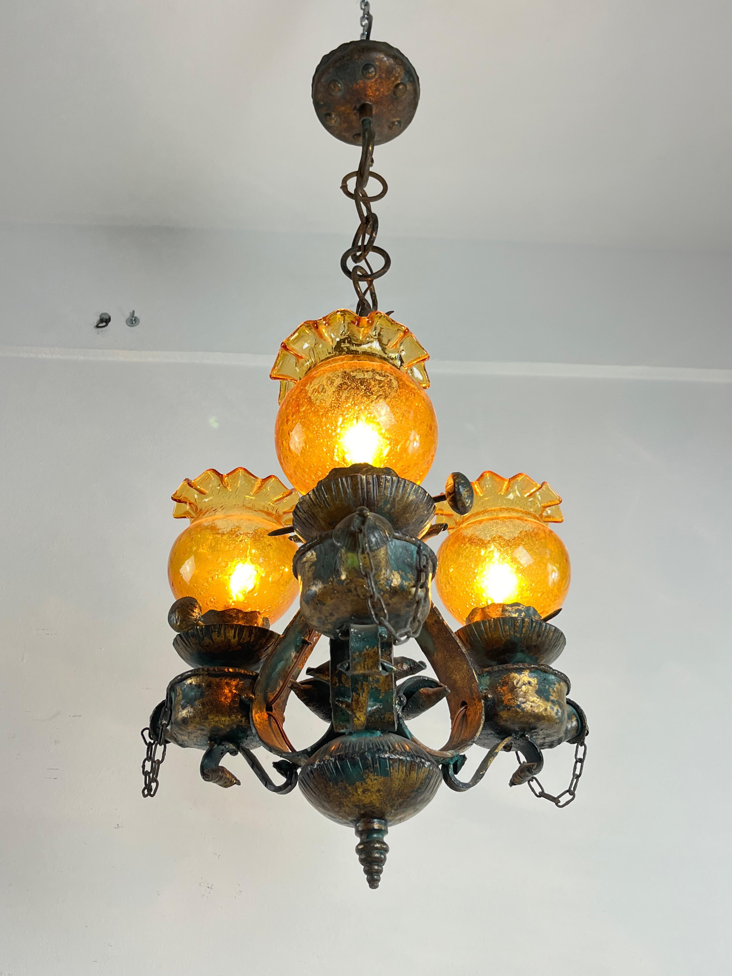 Italian Mid-Century Brutalist Iron And Glass Chandelier  1960s For Sale