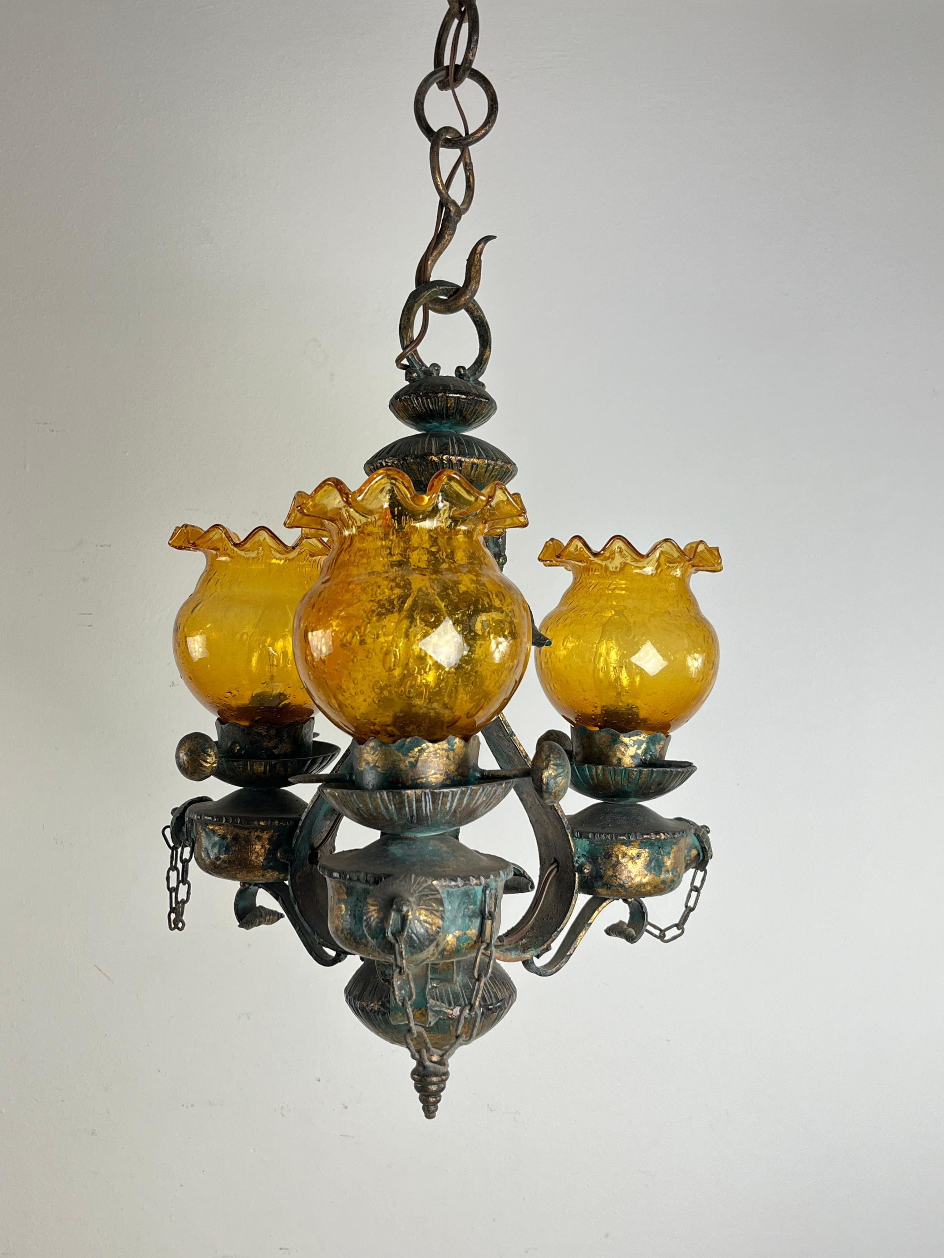 Mid-Century Brutalist Iron And Glass Chandelier  1960s For Sale 3