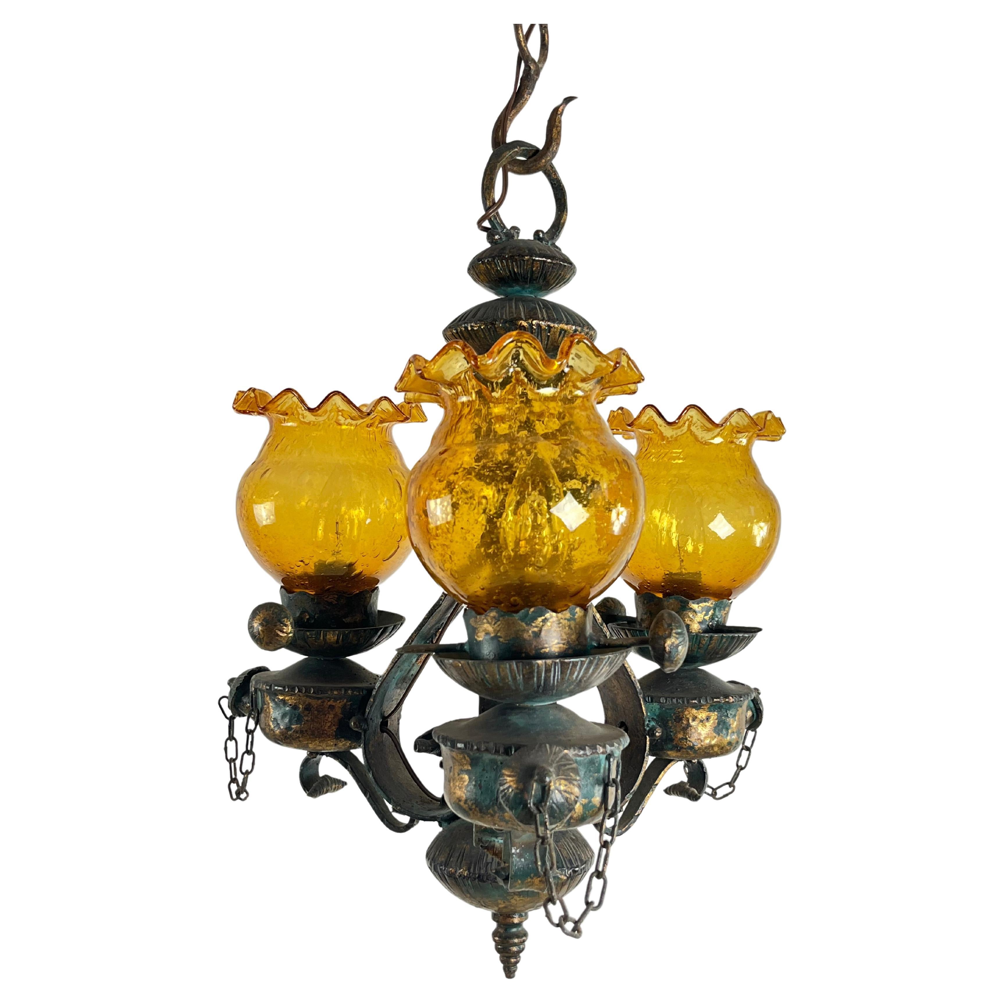 Mid-Century Brutalist Iron And Glass Chandelier  1960s