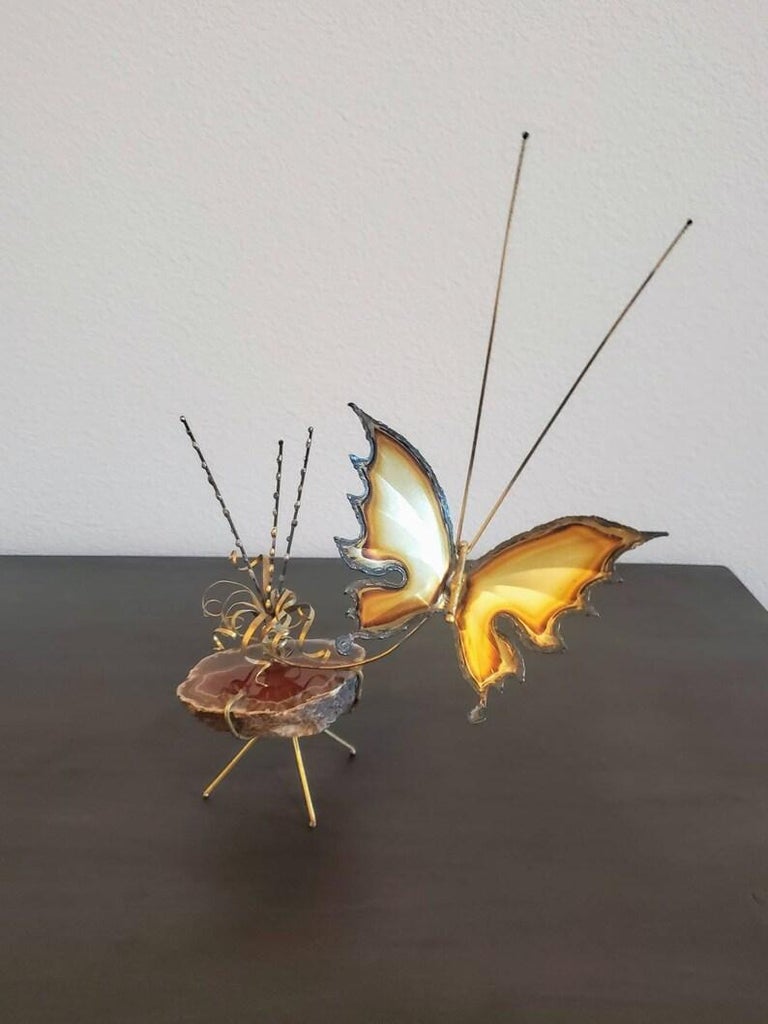 Mid-Century Brutalist Kinetic Butterfly Geode Sculpture In Good Condition For Sale In Forney, TX