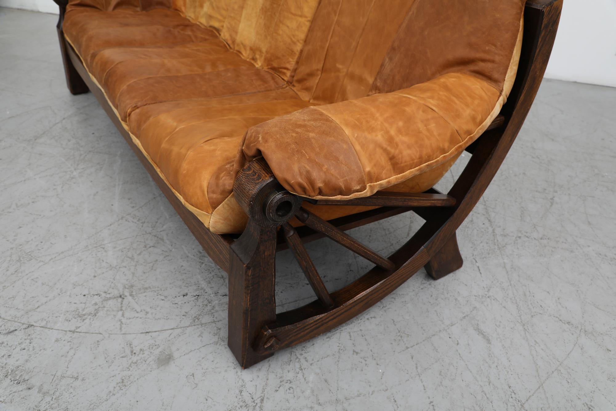 Canapé Brutalist du milieu du siècle en cuir Brown Patchwork avec structure en bois de style Western en vente 7