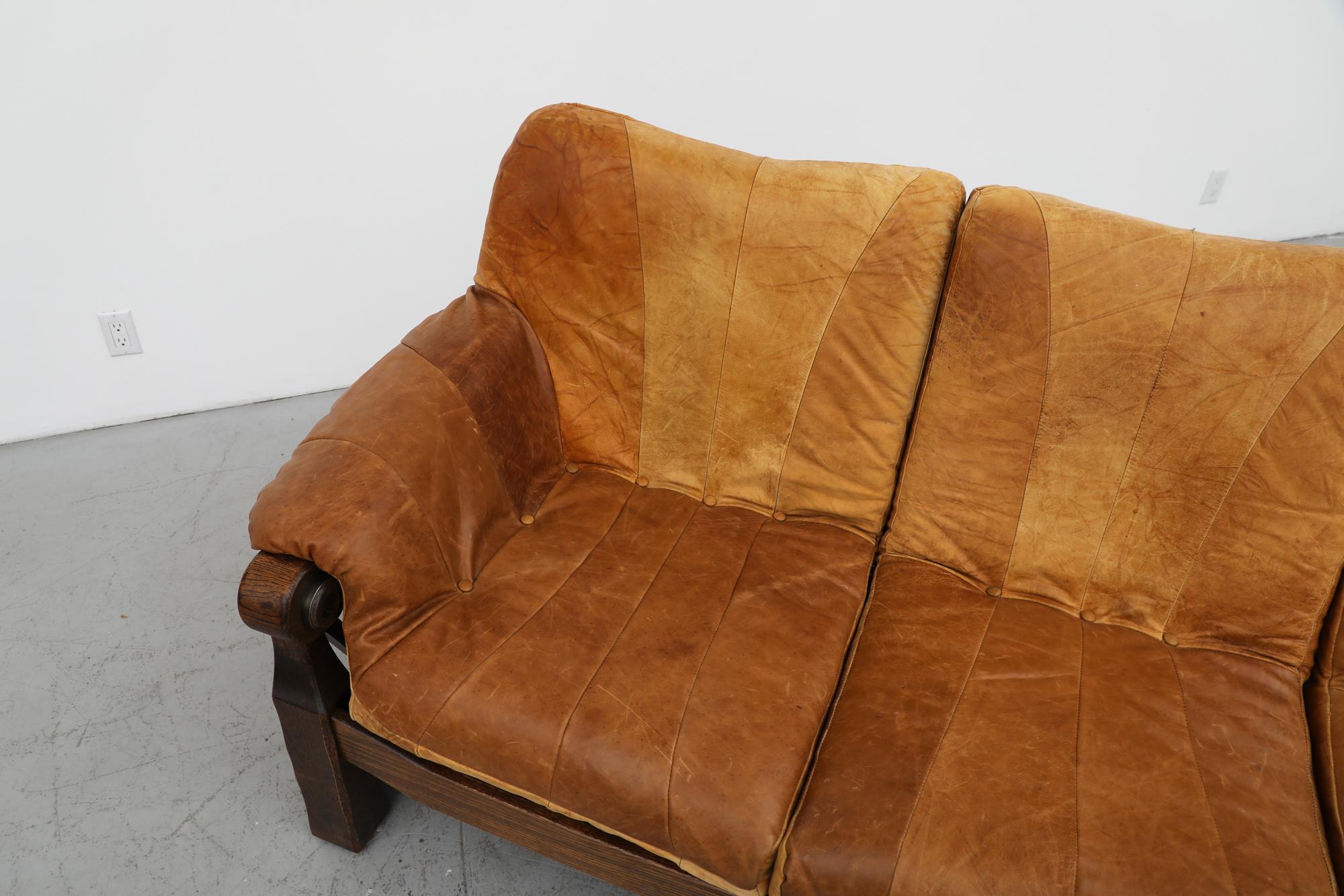 Mid-Century Brutalist Leather Patchwork Sofa with Bonanza Wood Frame For Sale 6
