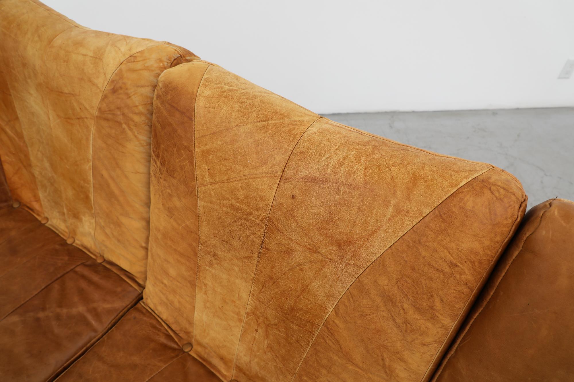 Mid-Century Brutalist Brown Leather Patchwork Sofa with Western Style Wood Frame For Sale 8
