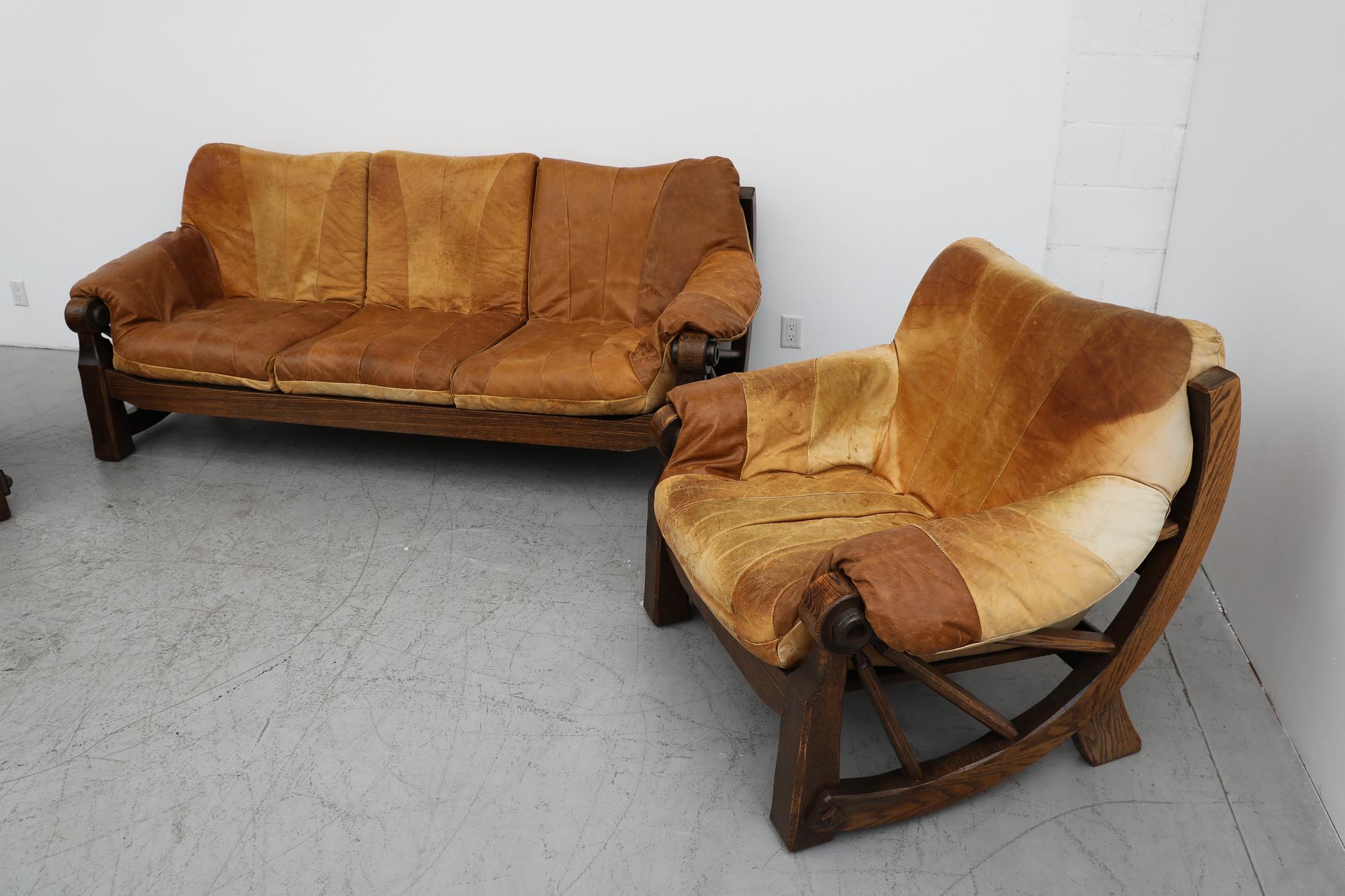 Mid-Century Brutalist Leather Patchwork Sofa with Bonanza Wood Frame For Sale 9