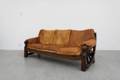 Mid-Century Brutalist Brown Leather Patchwork Sofa with Western Style Wood Frame