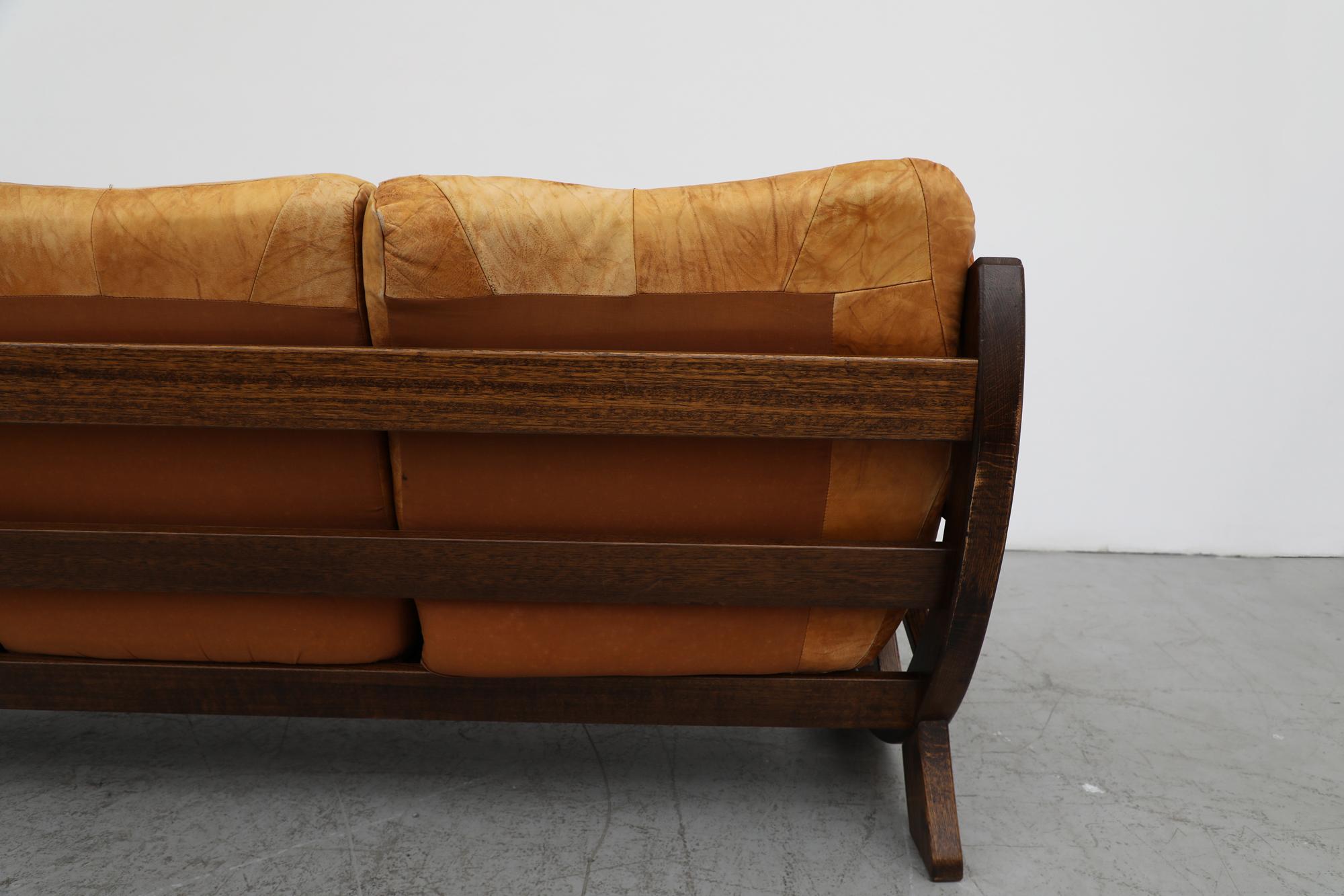 Late 20th Century Mid-Century Brutalist Brown Leather Patchwork Sofa with Western Style Wood Frame For Sale