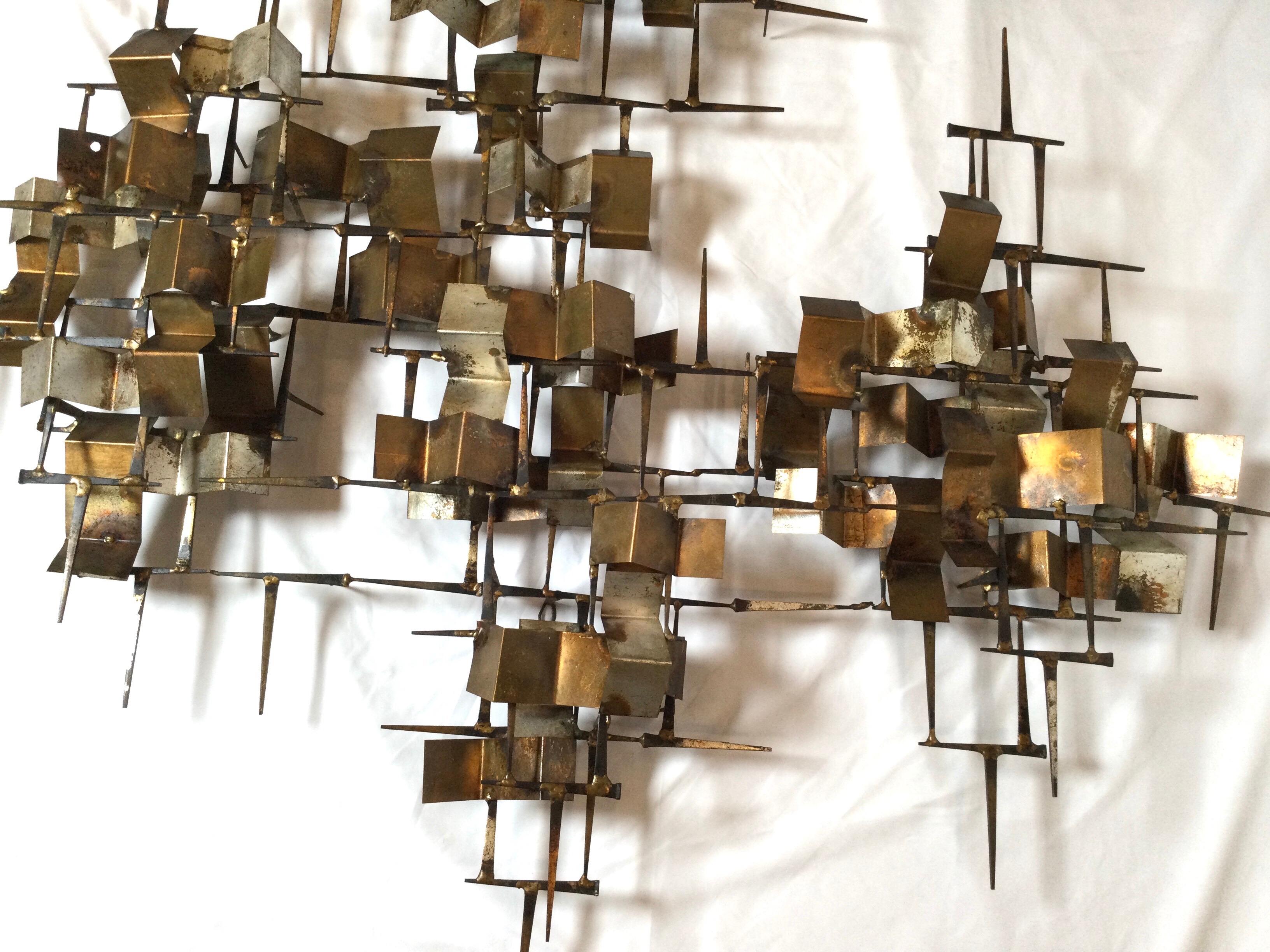 Midcentury Brutalist Metal Silver Gold Gilt and Copper Nail Art Wall Sculpture In Good Condition In Lambertville, NJ