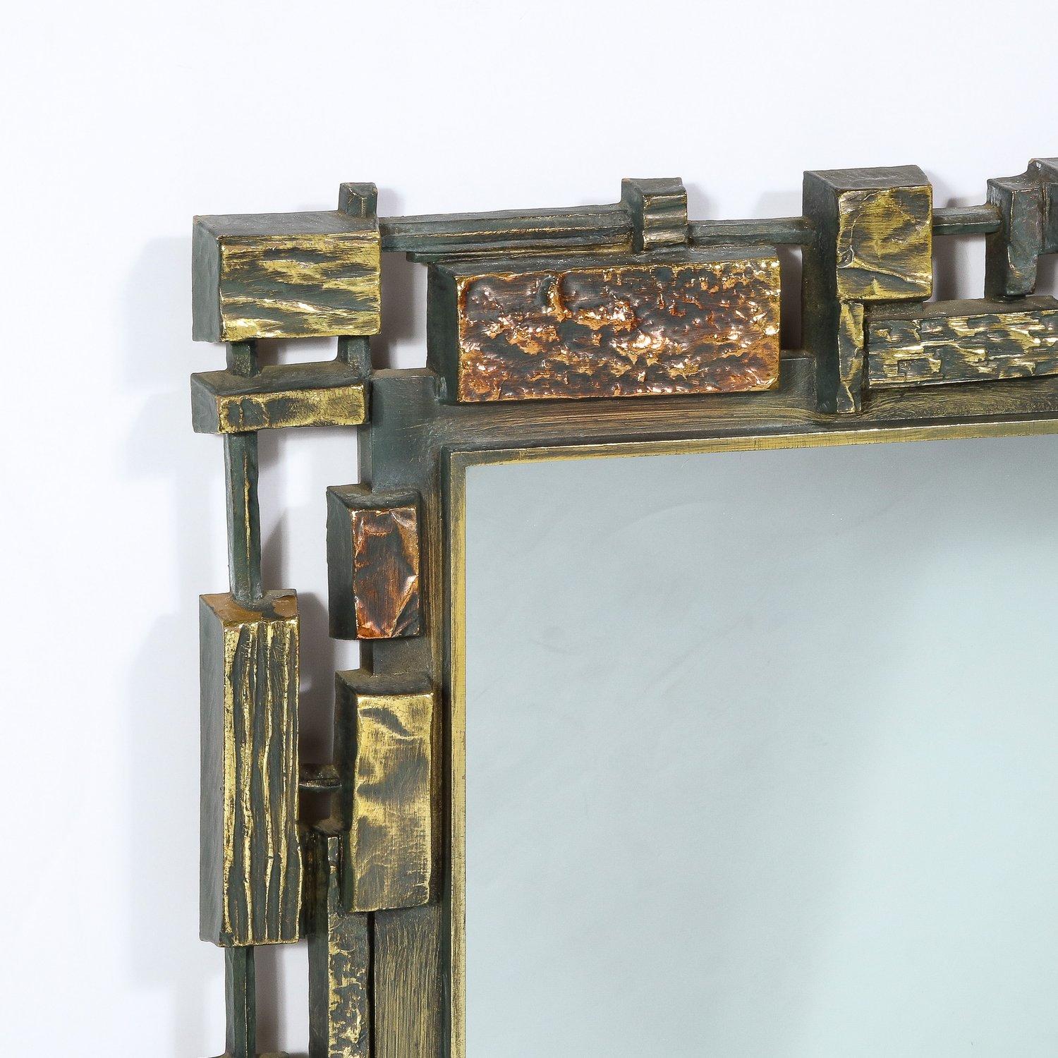Mid-Century Brutalist Mirror in Syroco w/ Bronze & Copper Mosaic Border Finish For Sale 1