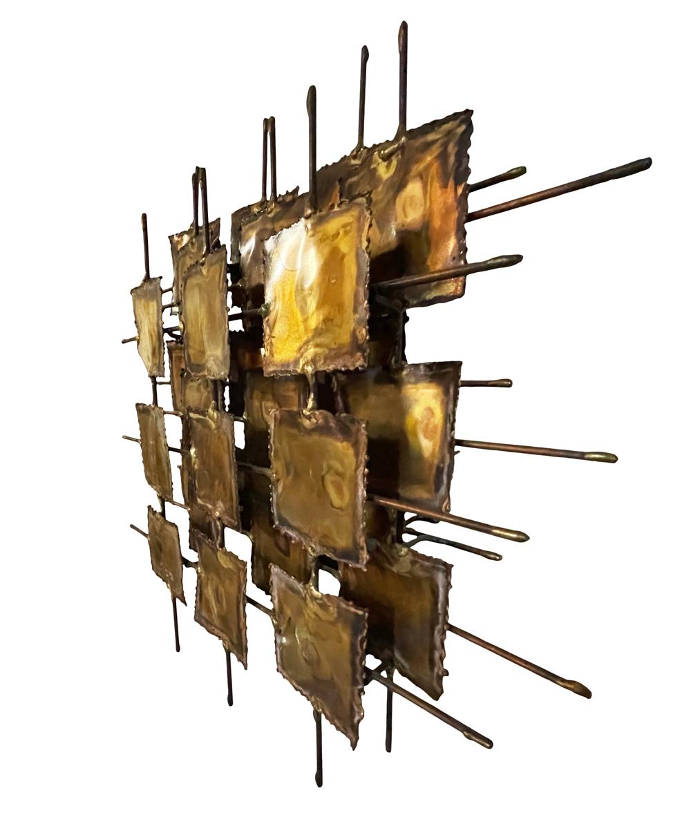 American Mid Century Brutalist Modern Abstract Brass Wall Sculpture Signed Monk For Sale