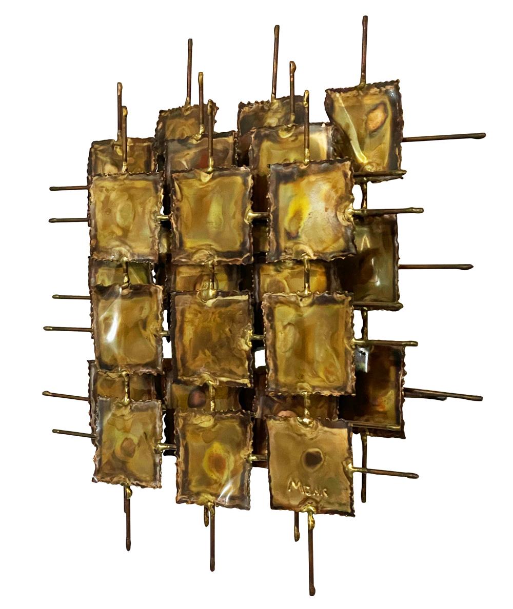 Mid Century Brutalist Modern Abstract Brass Wall Sculpture Signed Monk In Good Condition For Sale In Philadelphia, PA