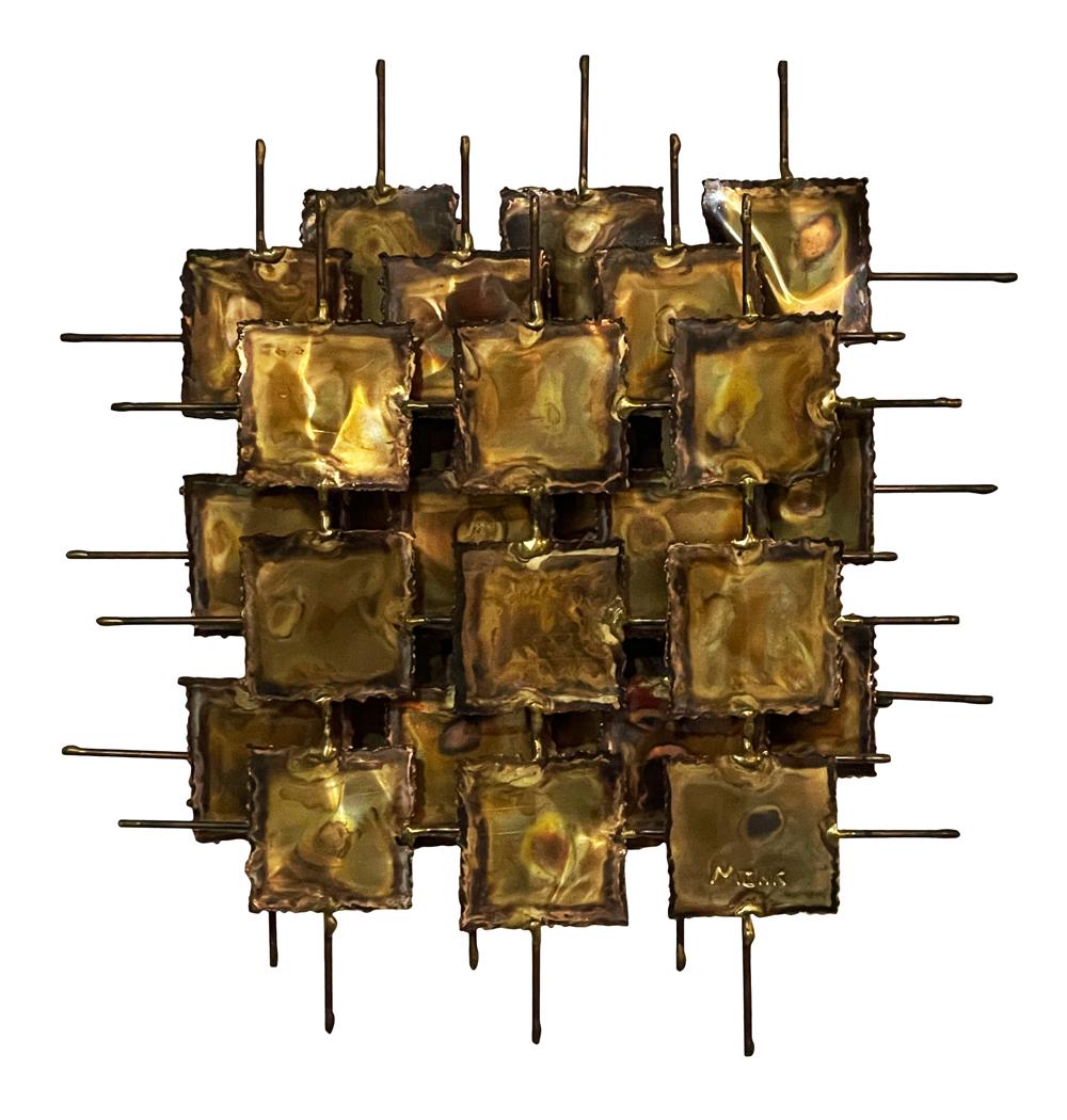 Mid-20th Century Mid Century Brutalist Modern Abstract Brass Wall Sculpture Signed Monk For Sale