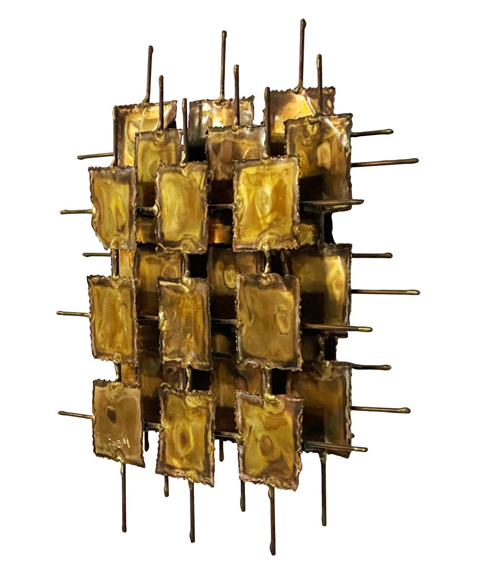 Mid Century Brutalist Modern Abstract Brass Wall Sculpture Signed Monk For Sale 1