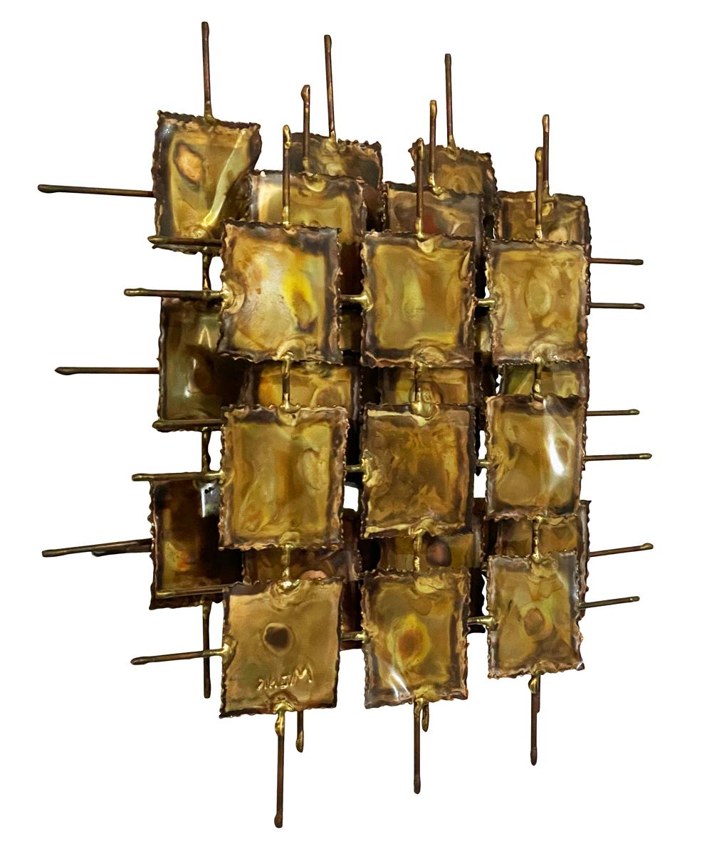 Mid Century Brutalist Modern Abstract Brass Wall Sculpture Signed Monk For Sale 3