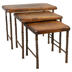 Vintage Mid-century brutalist oak and wrought iron nesting tables from France, 1950s