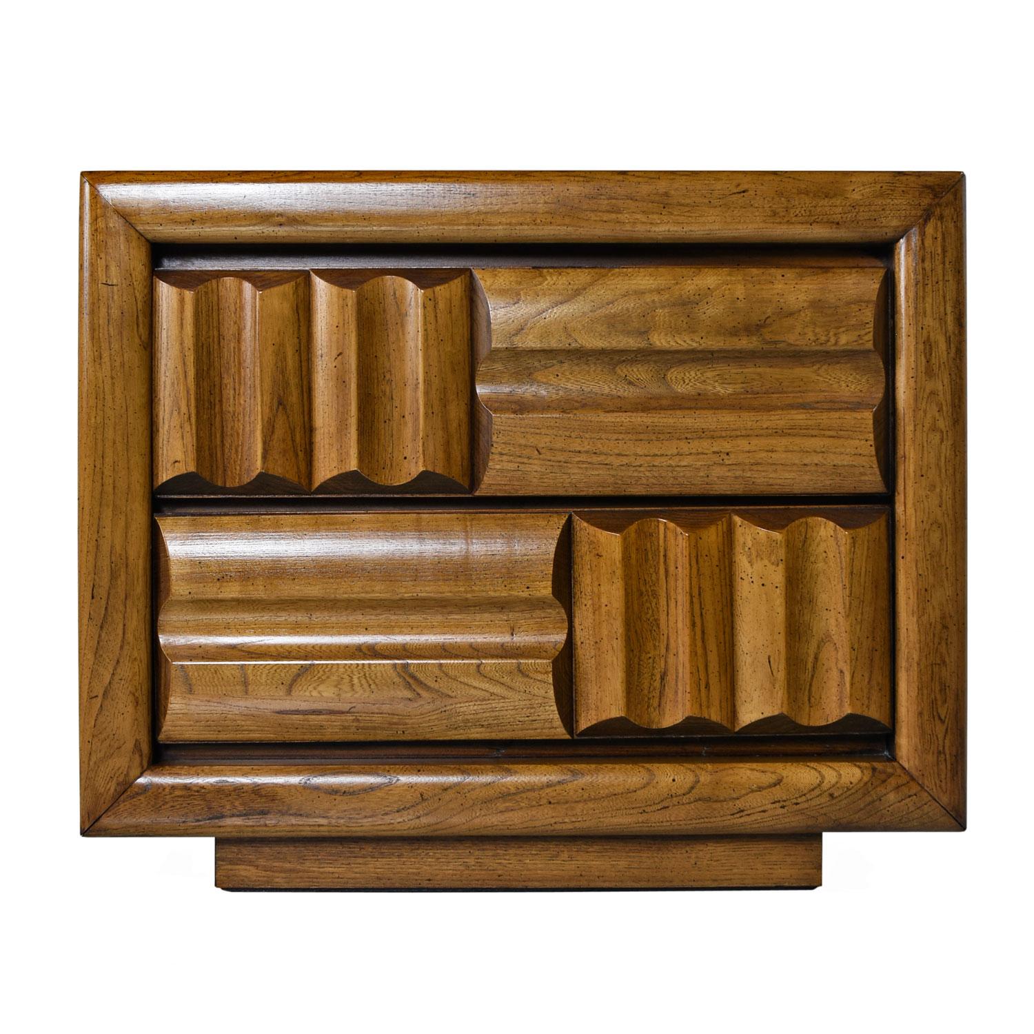 Late 20th Century Midcentury Brutalist Oak Nightstand End Tables, Carved Wood Drawer Fronts