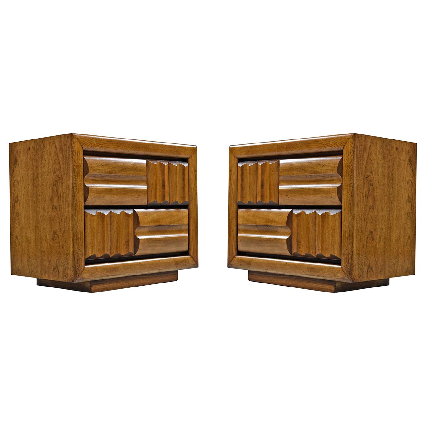 Midcentury Brutalist Oak Nightstand End Tables, Carved Wood Drawer Fronts