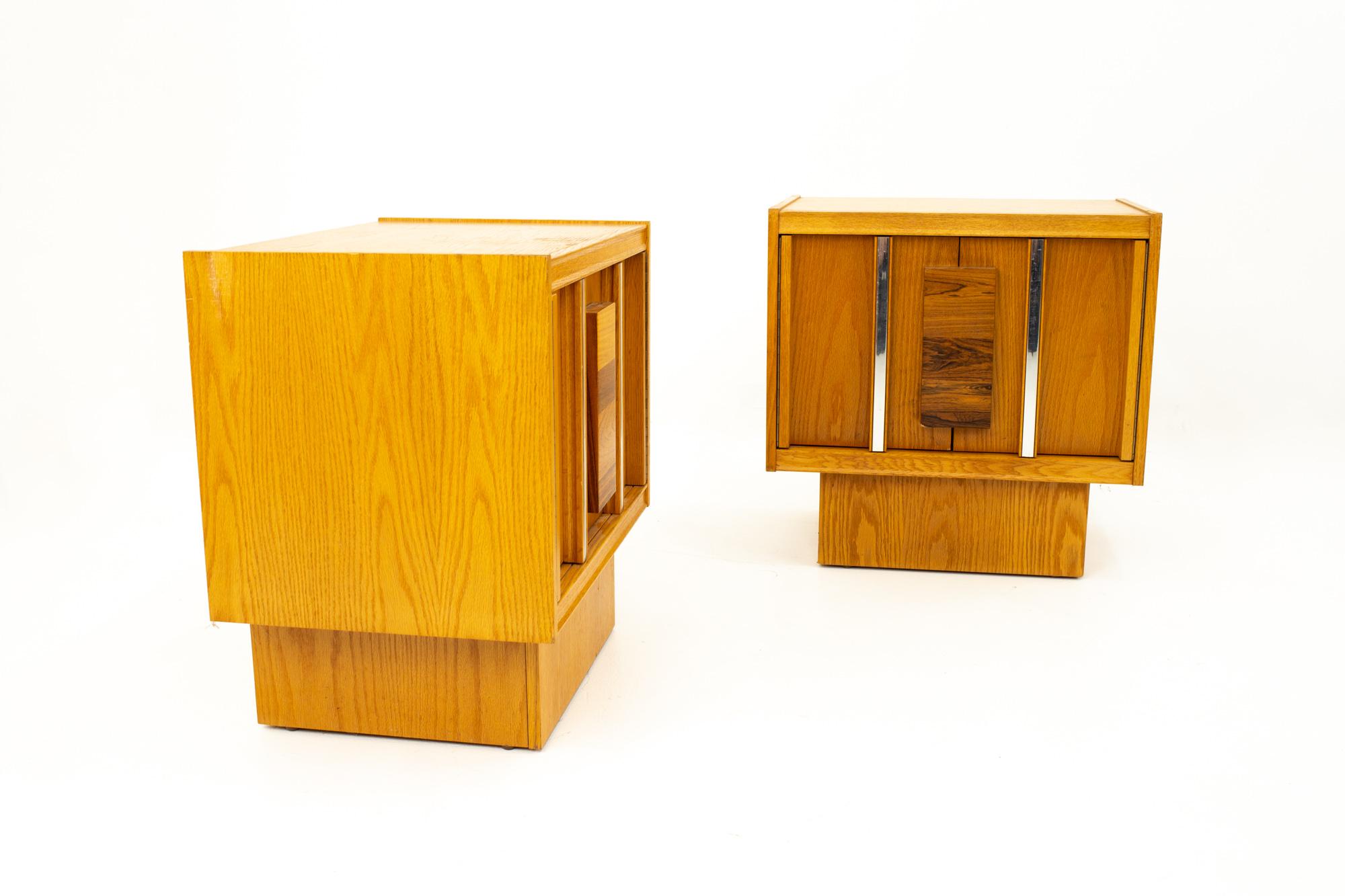 Mid-Century Modern Mid Century Brutalist Oak Rosewood and Chrome Nightstands, Pair For Sale