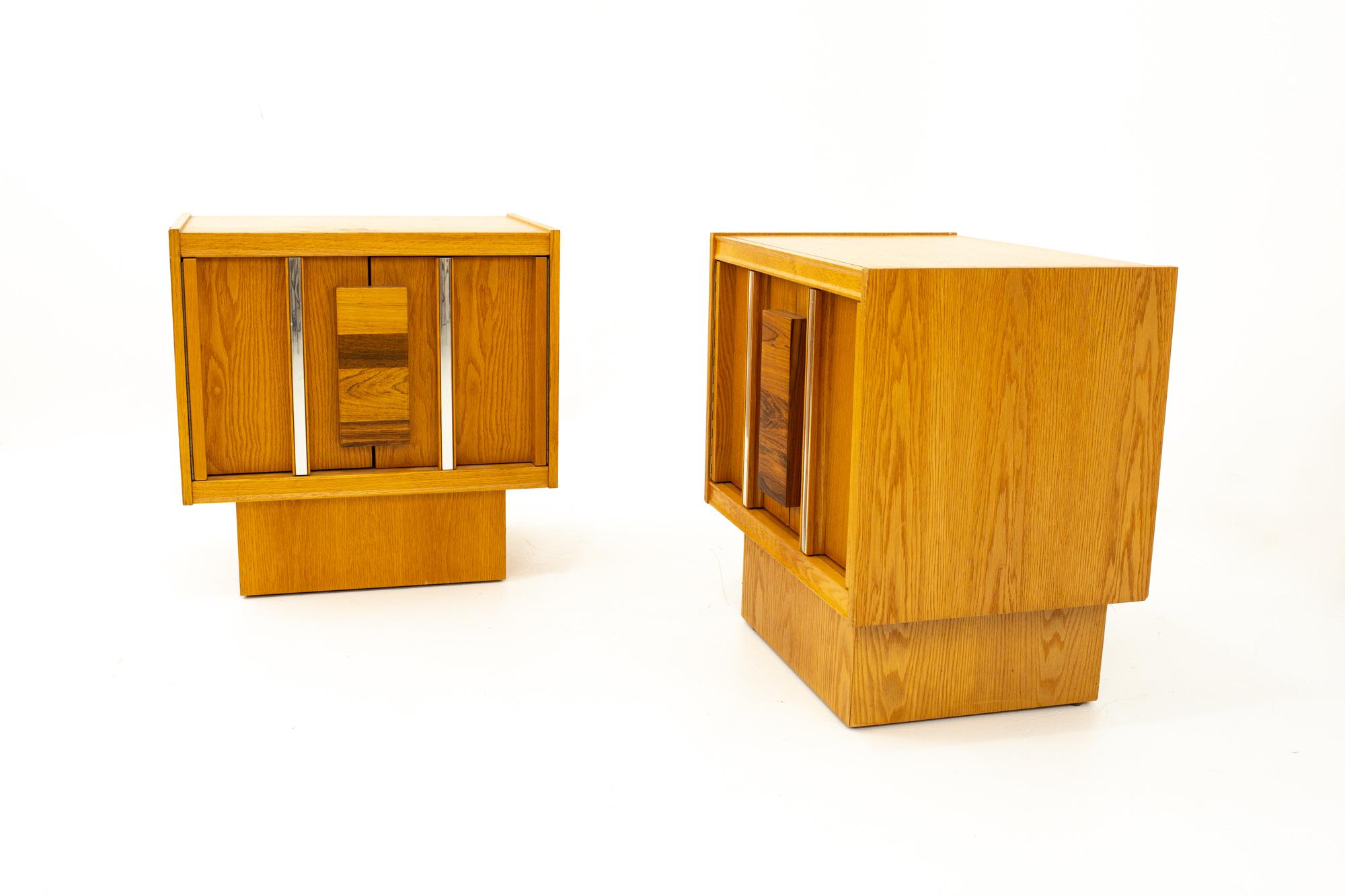 Canadian Mid Century Brutalist Oak Rosewood and Chrome Nightstands, Pair For Sale