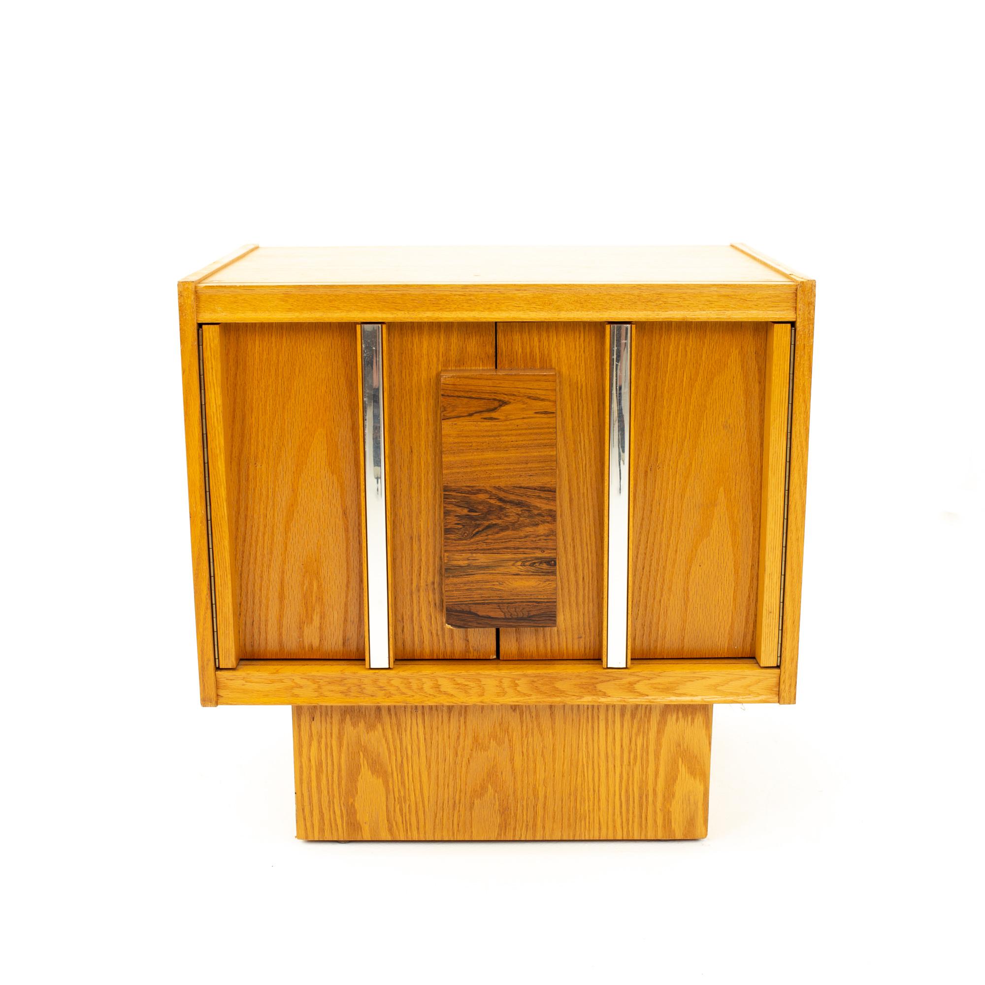Late 20th Century Mid Century Brutalist Oak Rosewood and Chrome Nightstands, Pair For Sale