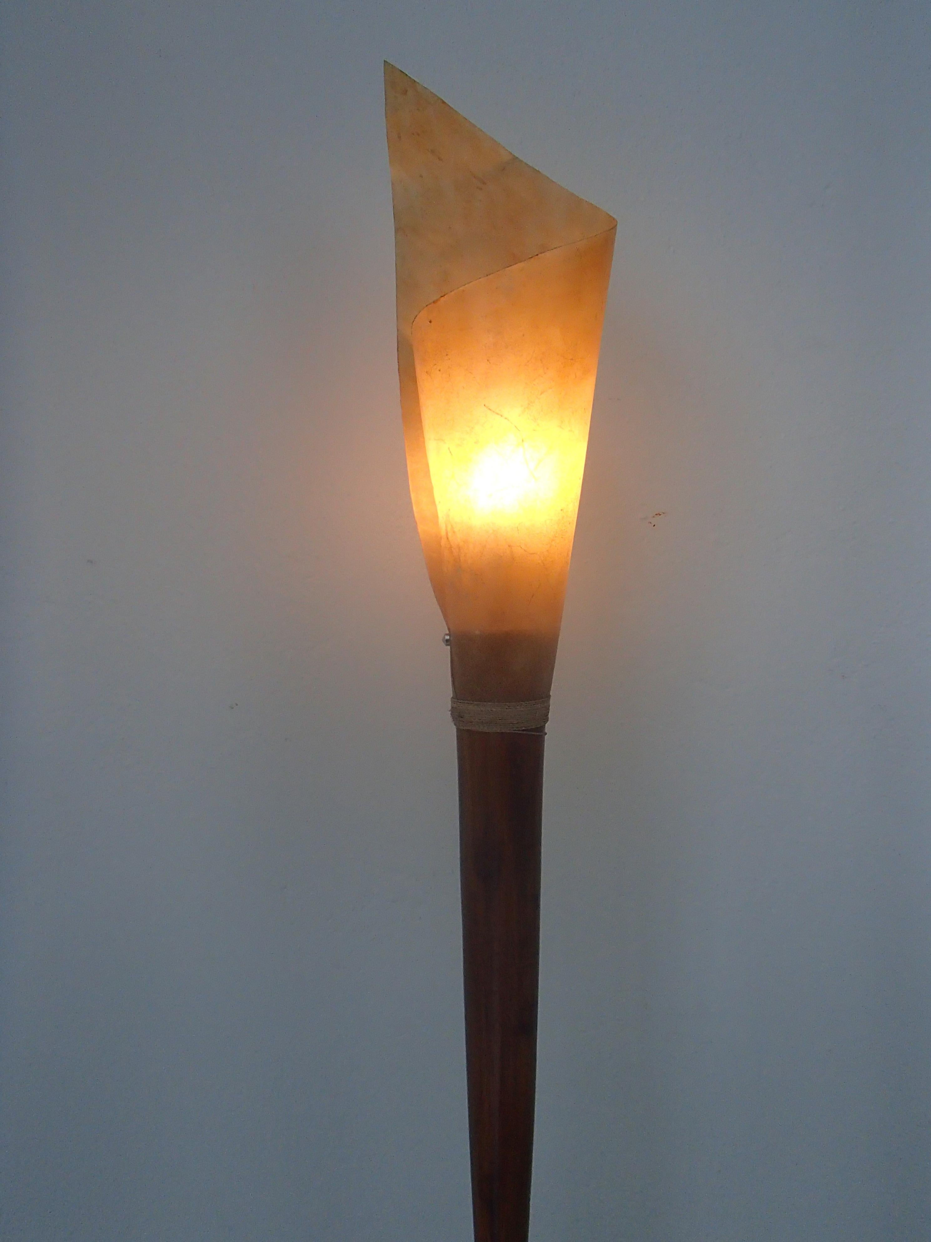 Midcentury Brutalist Pair Handmade Floor Lamps Wood and Rolled Skin Shades For Sale 5