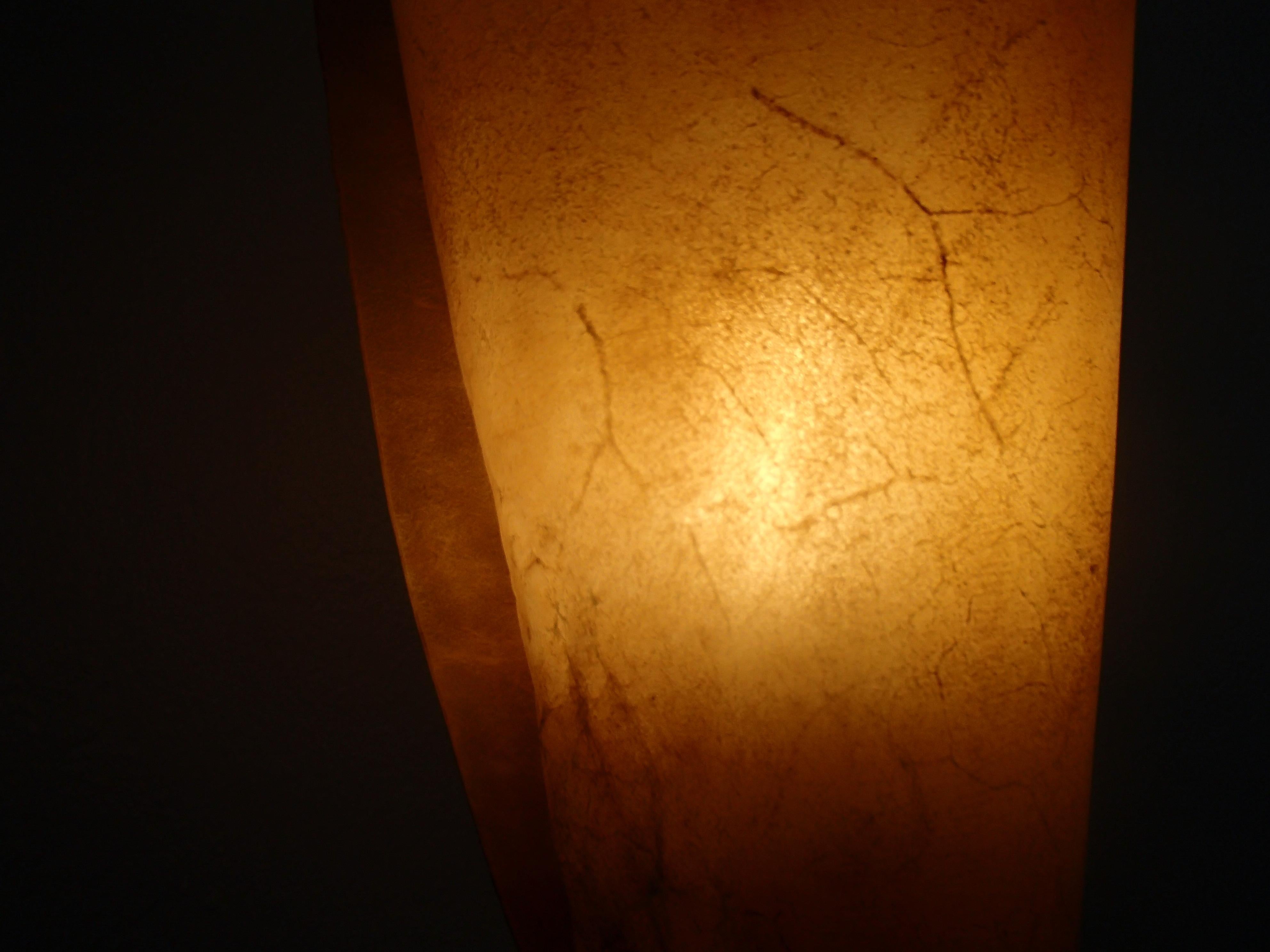 Midcentury Brutalist Pair Handmade Floor Lamps Wood and Rolled Skin Shades For Sale 7