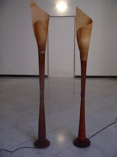 Midcentury Brutalist Pair Handmade Floor Lamps Wood and Rolled Skin Shades