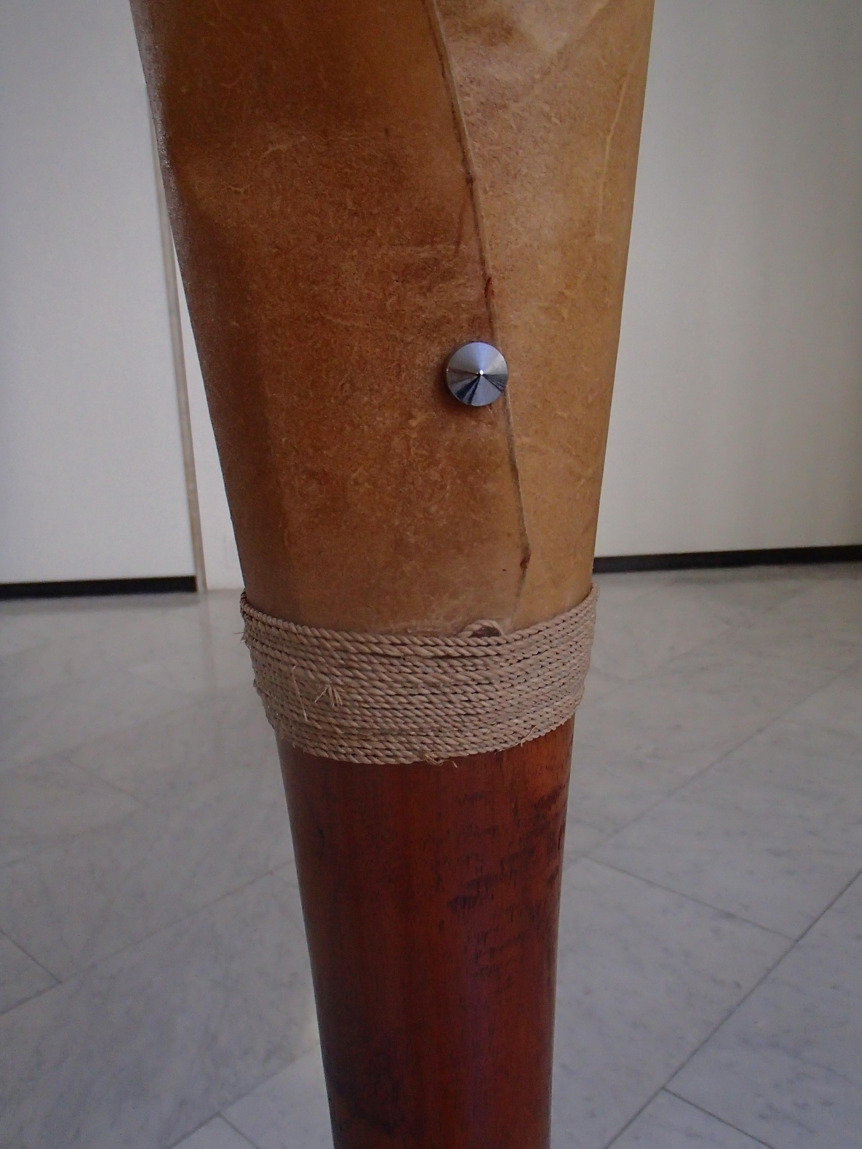 Midcentury Brutalist Pair Handmade Floor Lamps Wood and Rolled Skin Shades In Good Condition For Sale In Schöfflisdorf, CH