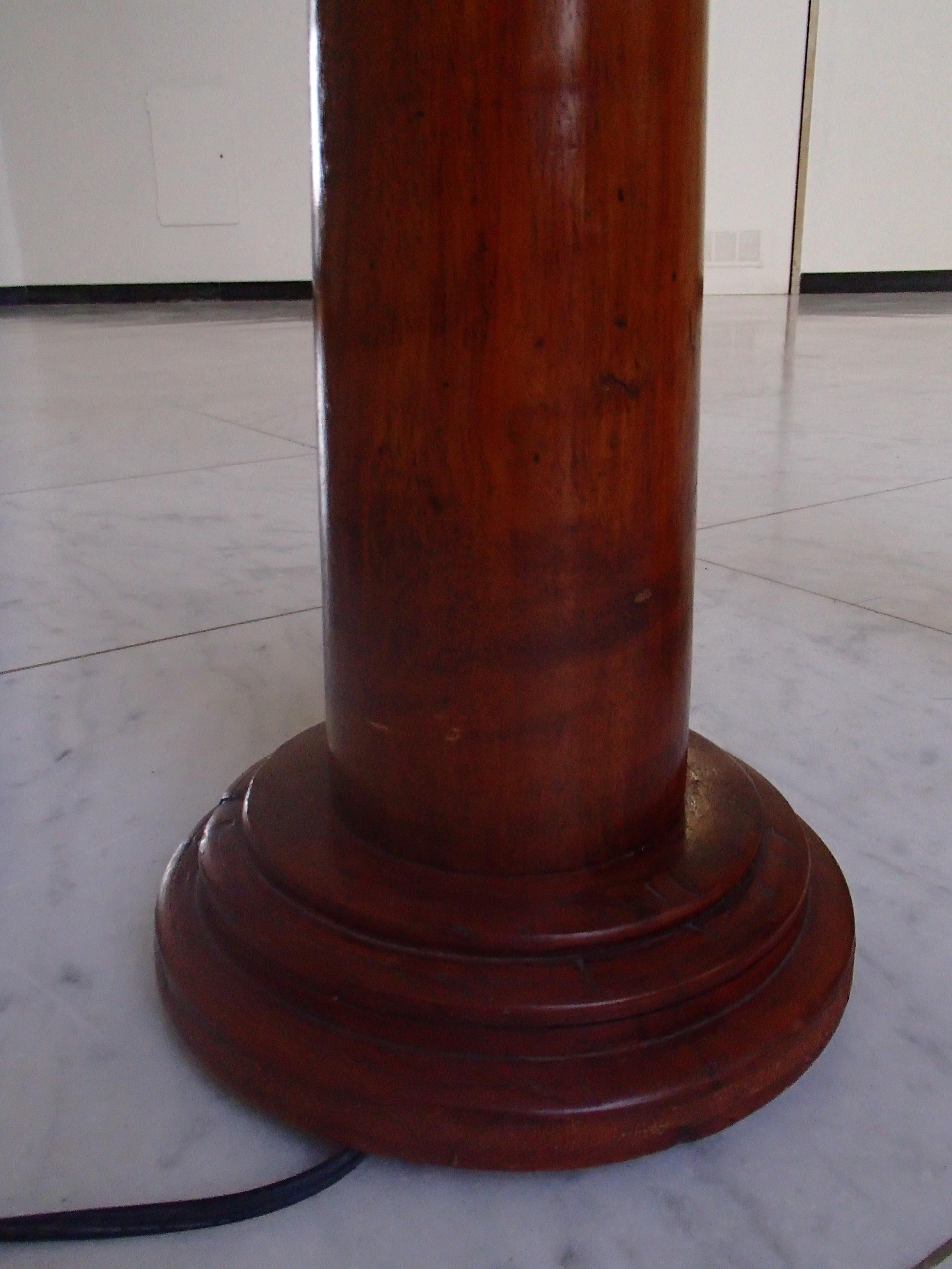 Midcentury Brutalist Pair Handmade Floor Lamps Wood and Rolled Skin Shades For Sale 2