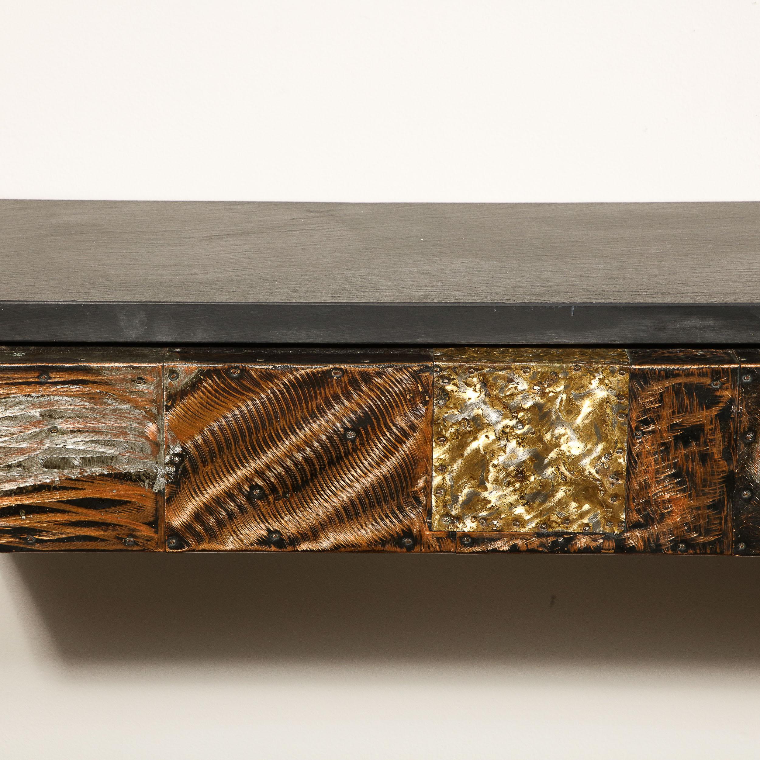 Metal Mid-Century Brutalist Patchwork Granite Top Wall Mounted Console by Paul Evans