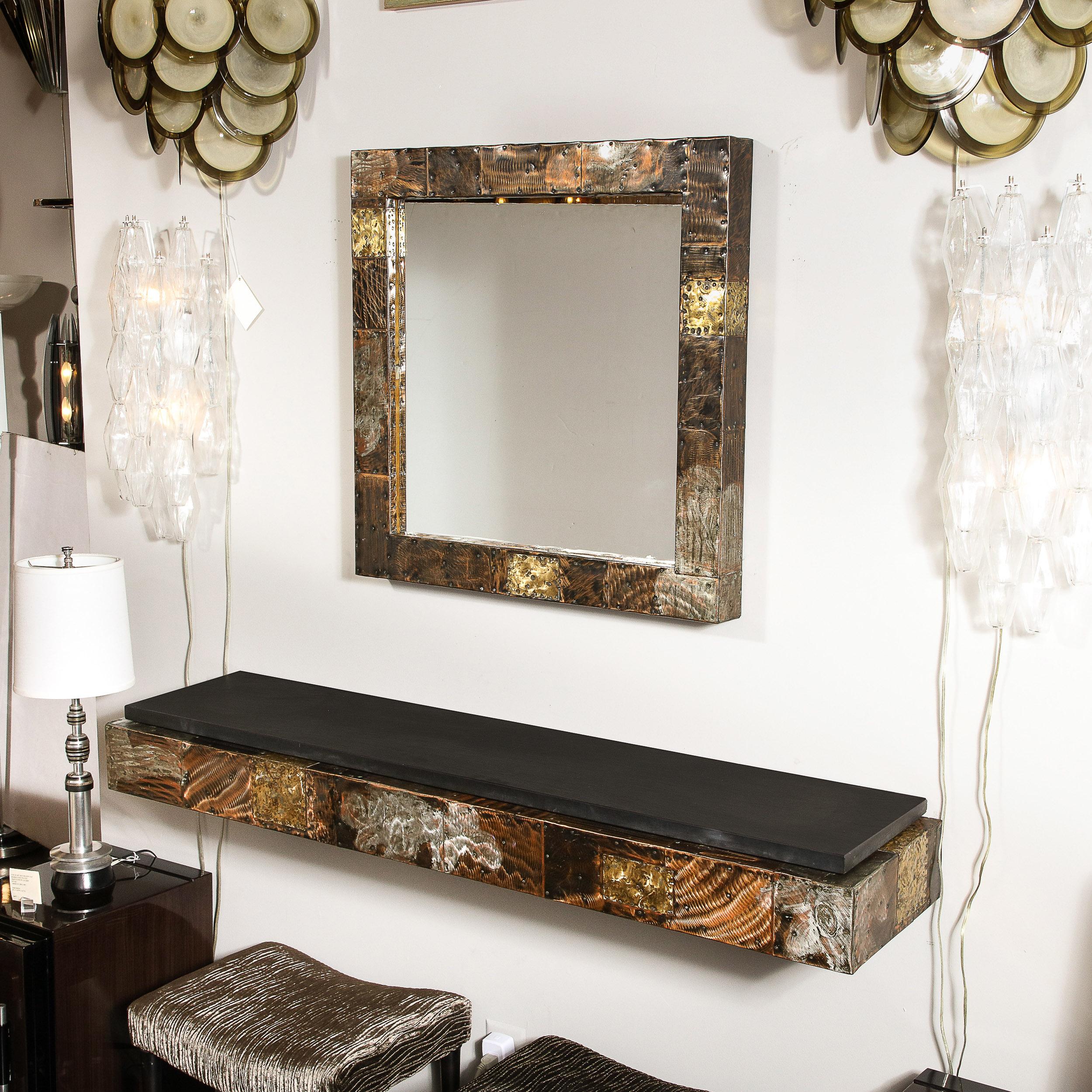 American Mid-Century Brutalist Patchwork Mirror and Wall Mounted Console by Paul Evans