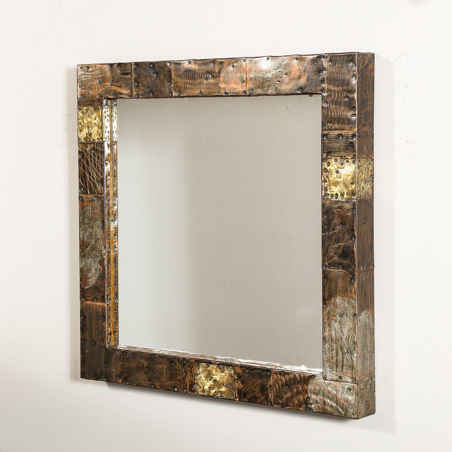 Late 20th Century Mid-Century Brutalist Patchwork Mirror and Wall Mounted Console by Paul Evans