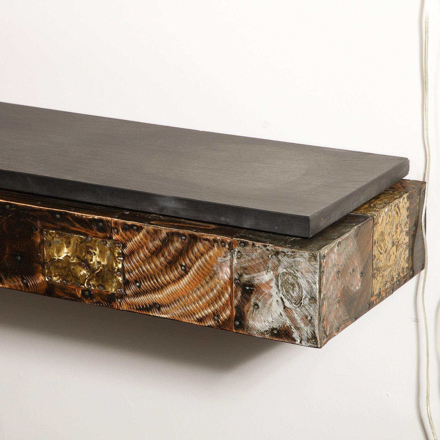 Metal Mid-Century Brutalist Patchwork Mirror and Wall Mounted Console by Paul Evans