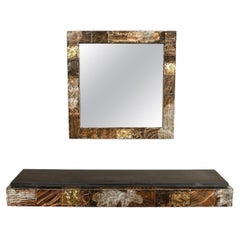 Mid-Century Brutalist Patchwork Mirror and Wall Mounted Console by Paul Evans