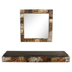 Mid-Century Brutalist Patchwork Mirror and Wall Mounted Console by Paul Evans