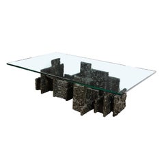 Mid Century Brutalist “PE-131” Sculpted Bronze Cocktail Table Signed Paul Evans