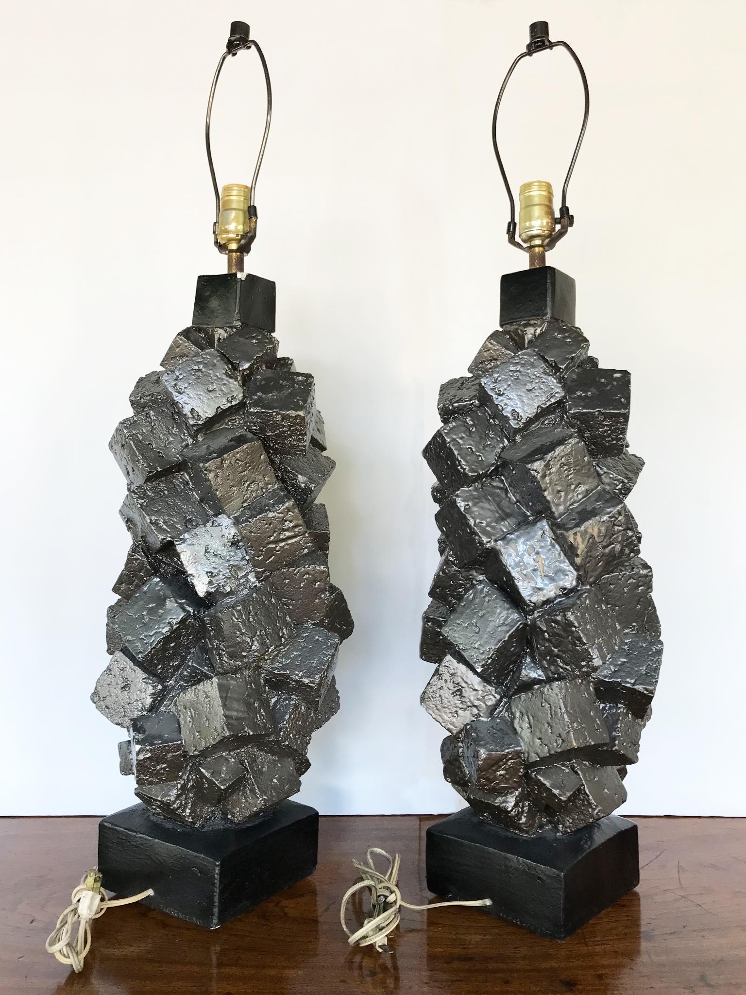 Glazed Midcentury Brutalist Plaster Table Lamps, a Pair