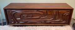 Mid Century Brutalist Pulaski Oceanic Intricately Carved Lowboy Long Dresser