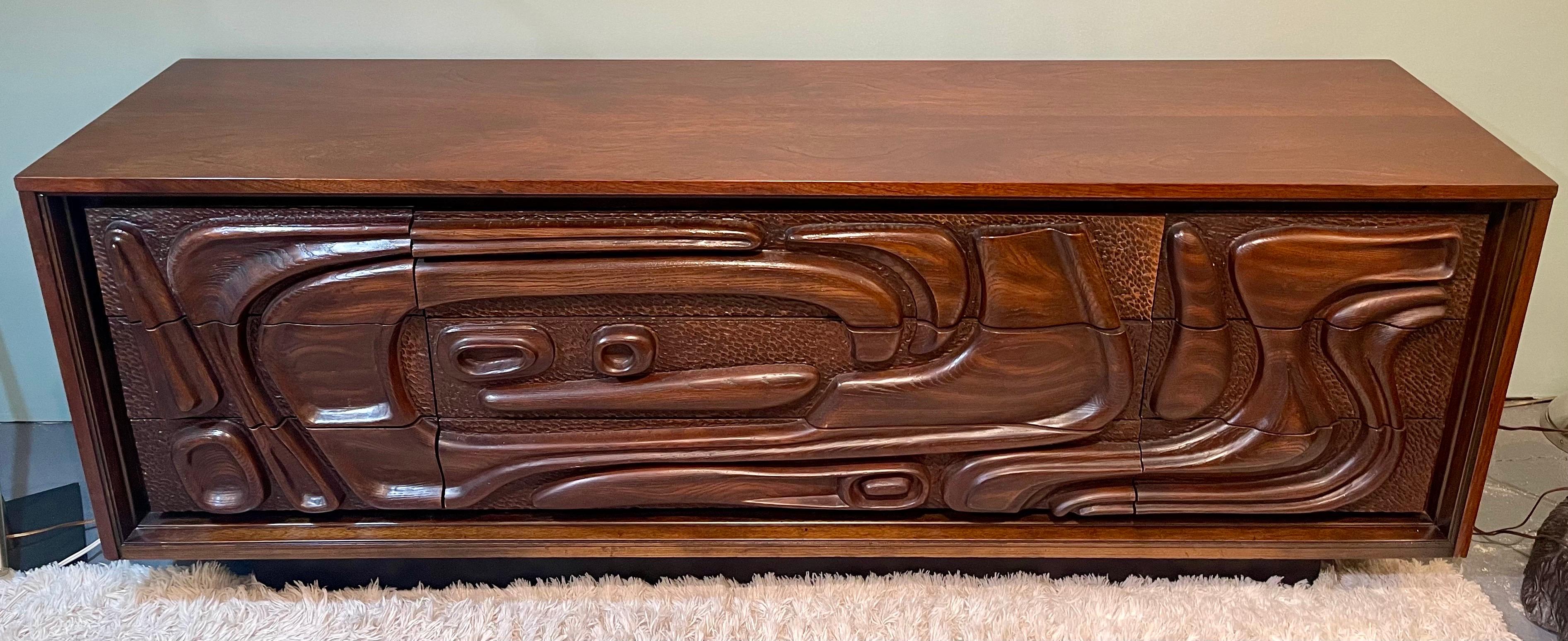 Mid-Century Modern Mid Century Brutalist Pulaski Oceanic Intricately Carved Lowboy Long Dresser