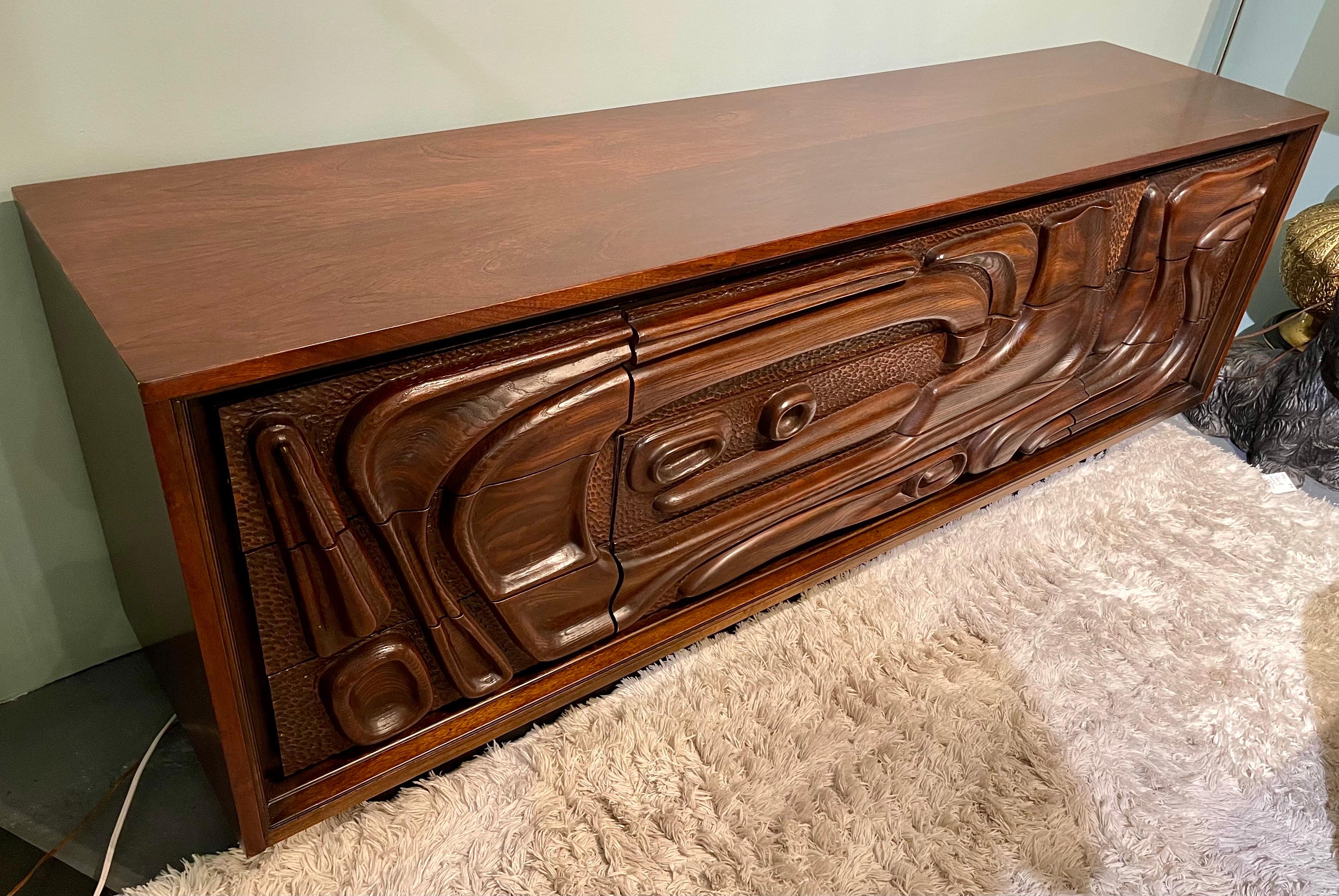 American Mid Century Brutalist Pulaski Oceanic Intricately Carved Lowboy Long Dresser