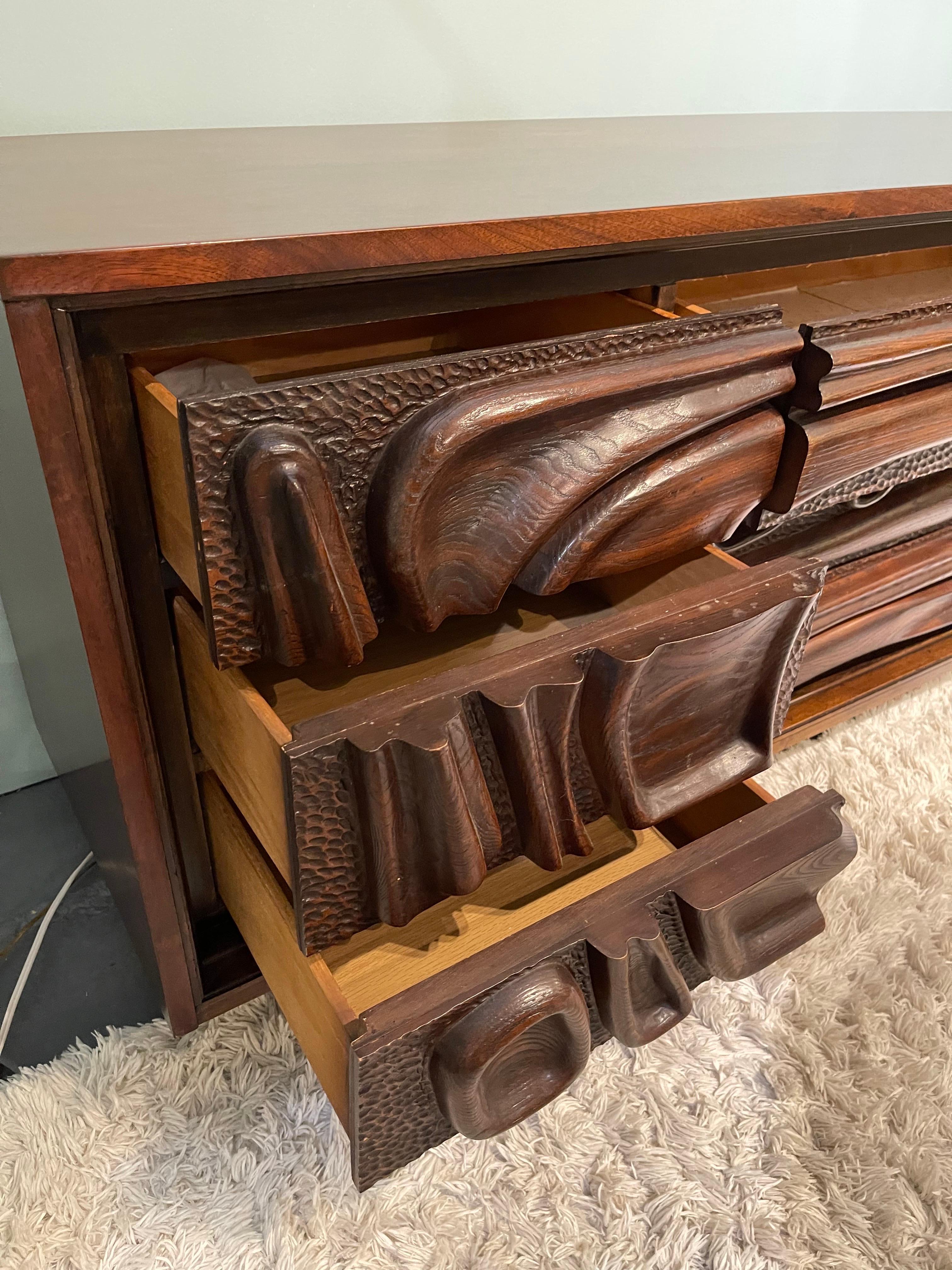 20th Century Mid Century Brutalist Pulaski Oceanic Intricately Carved Lowboy Long Dresser