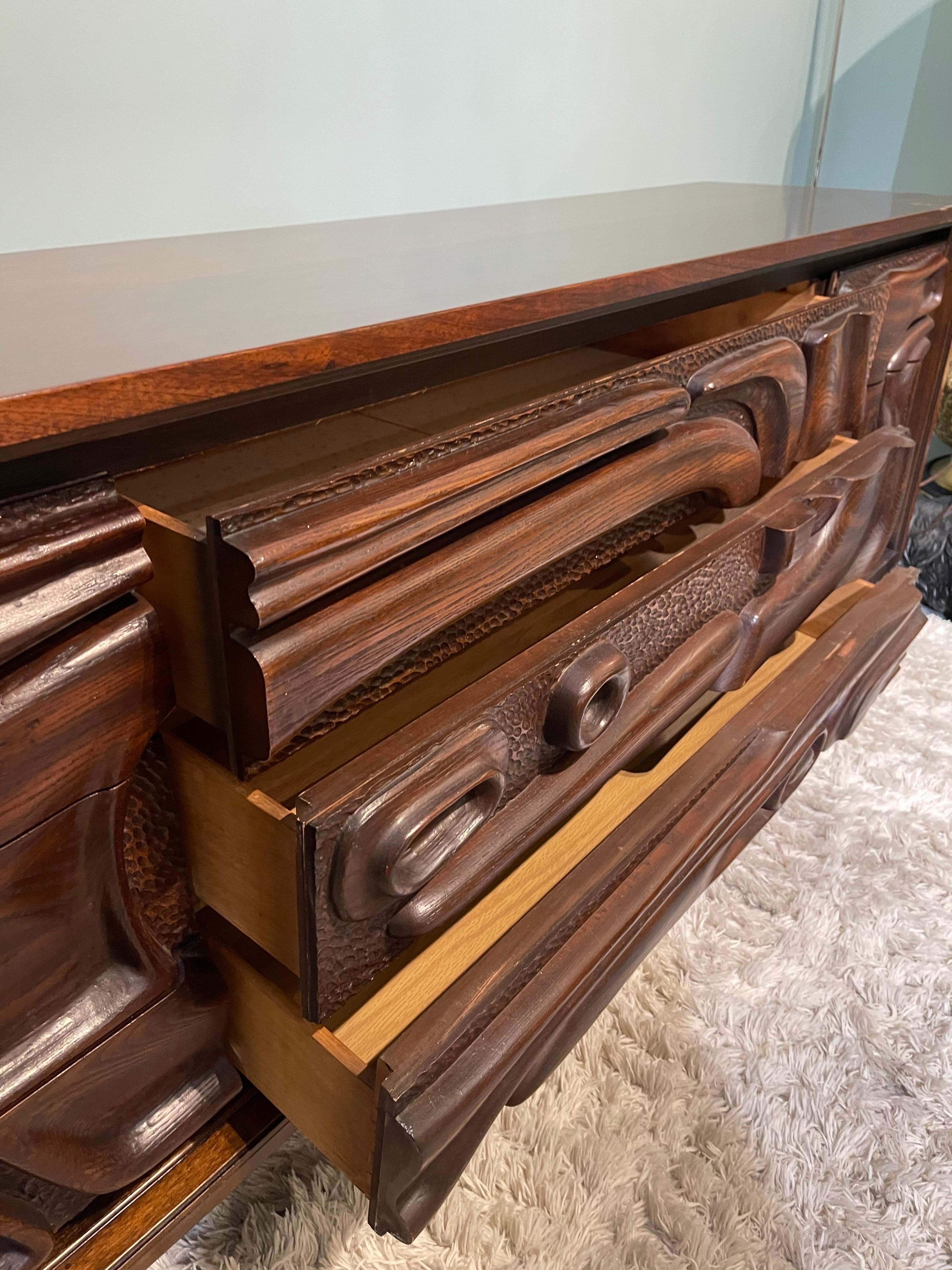 Wood Mid Century Brutalist Pulaski Oceanic Intricately Carved Lowboy Long Dresser