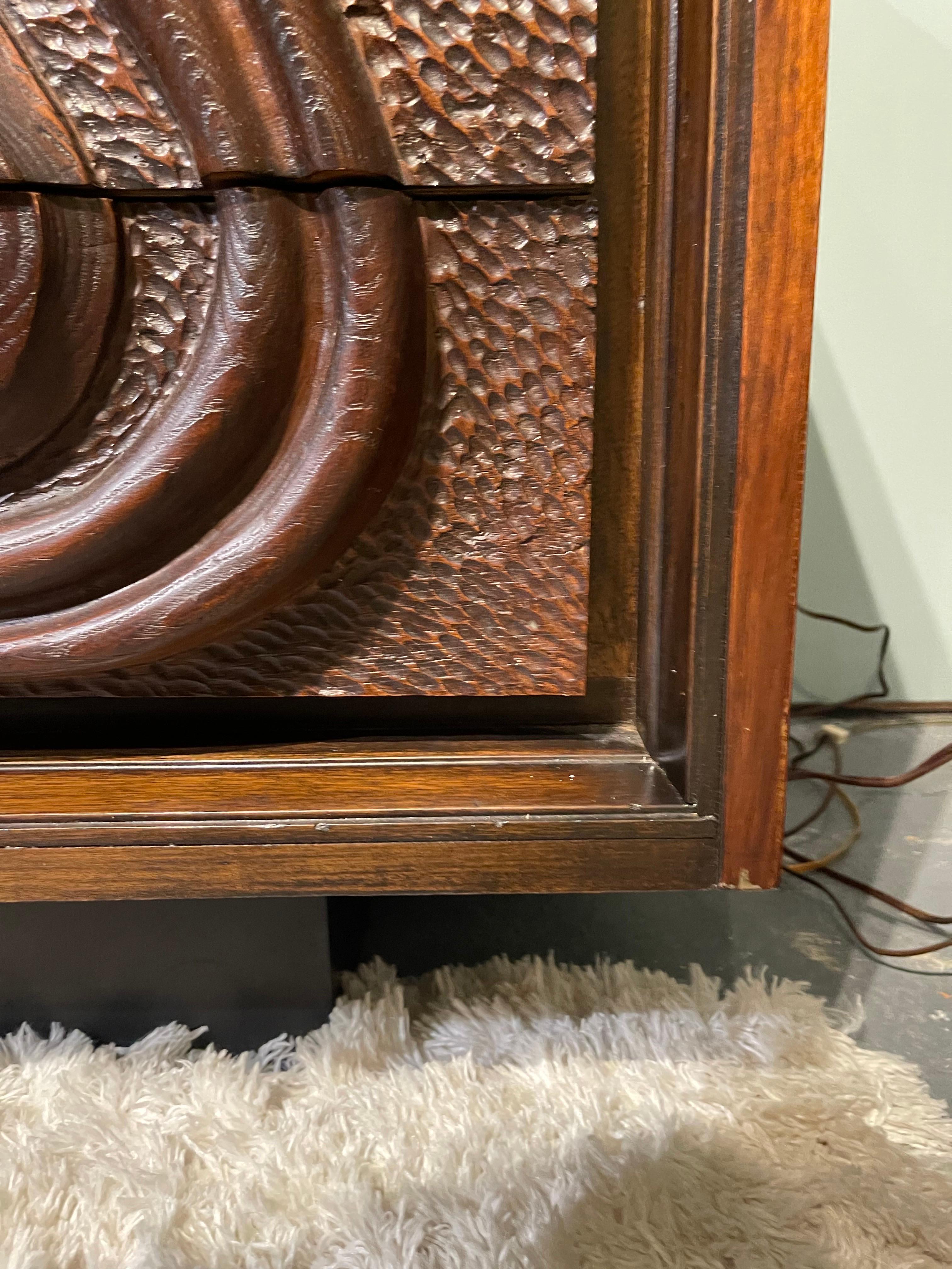 Mid Century Brutalist Pulaski Oceanic Intricately Carved Lowboy Long Dresser 2
