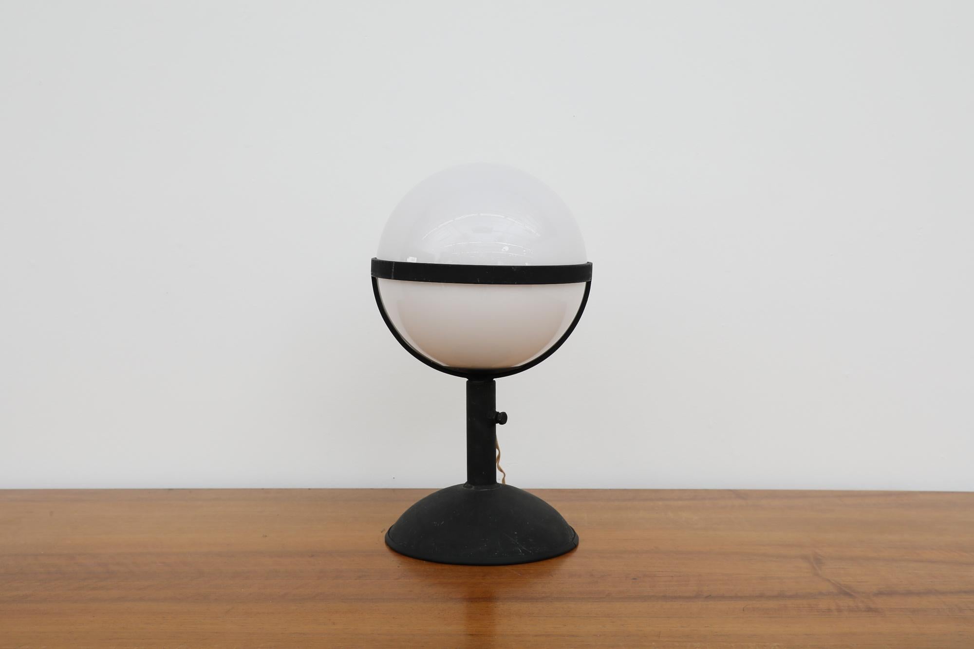 Mid-Century Modern Large Mid-Century Brutalist RAAK Style Steel Table Lamp w/ Opaline Glass Globe For Sale