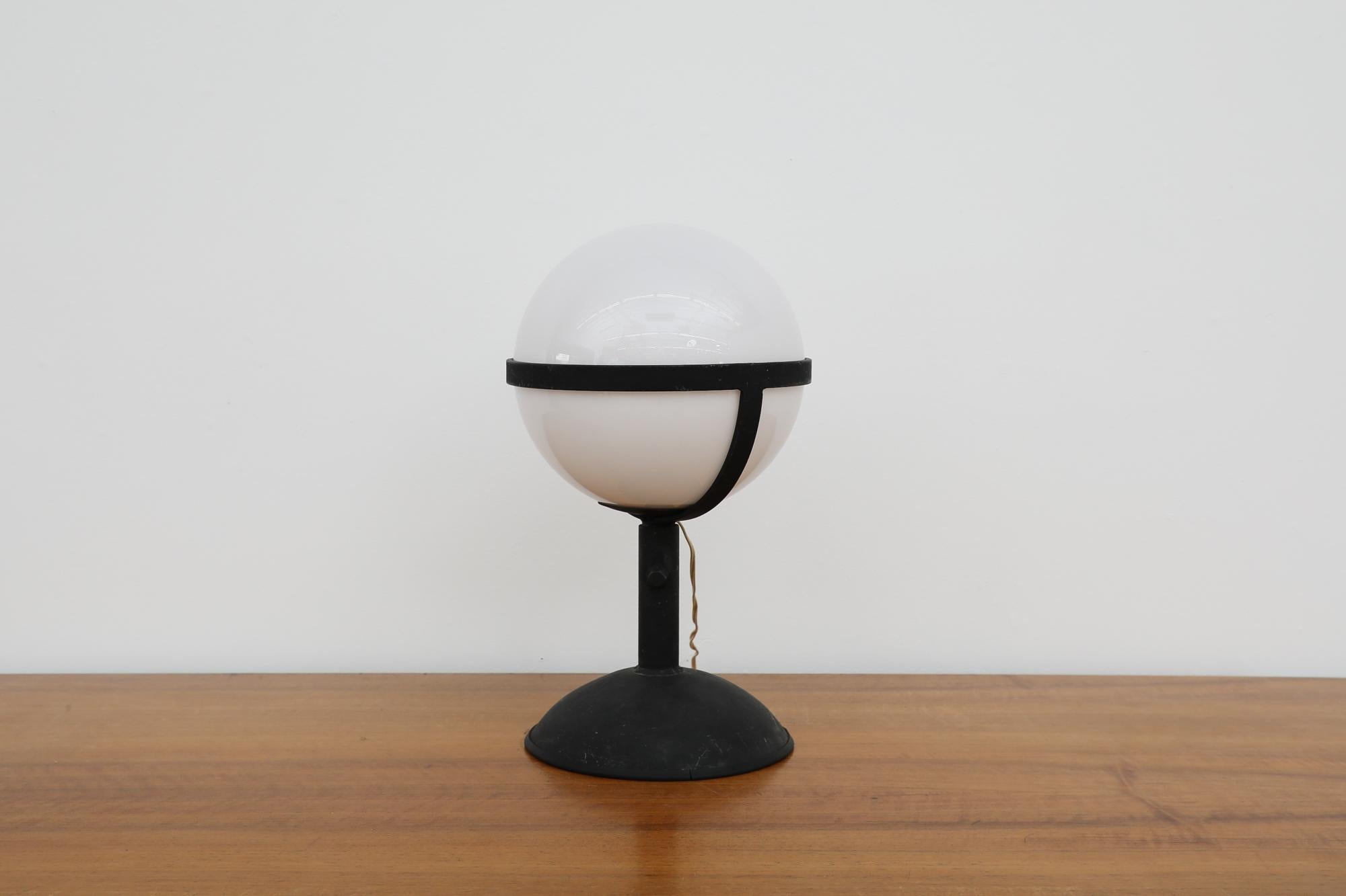 Dutch Large Mid-Century Brutalist RAAK Style Steel Table Lamp w/ Opaline Glass Globe For Sale