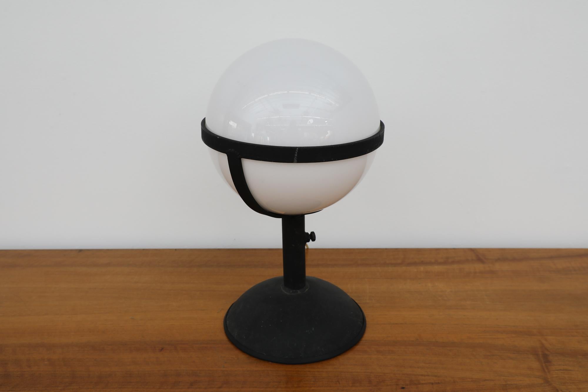 Large Mid-Century Brutalist RAAK Style Steel Table Lamp w/ Opaline Glass Globe In Good Condition For Sale In Los Angeles, CA