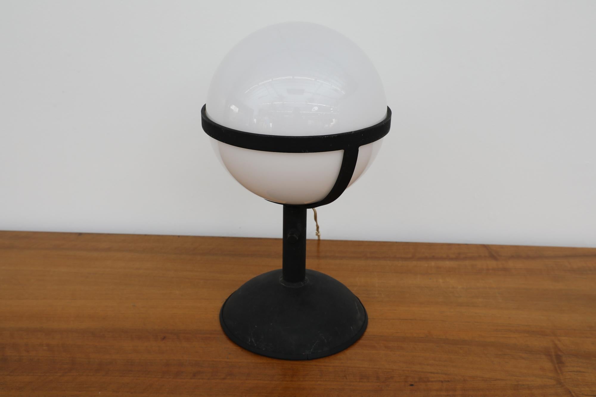 Mid-20th Century Large Mid-Century Brutalist RAAK Style Steel Table Lamp w/ Opaline Glass Globe For Sale
