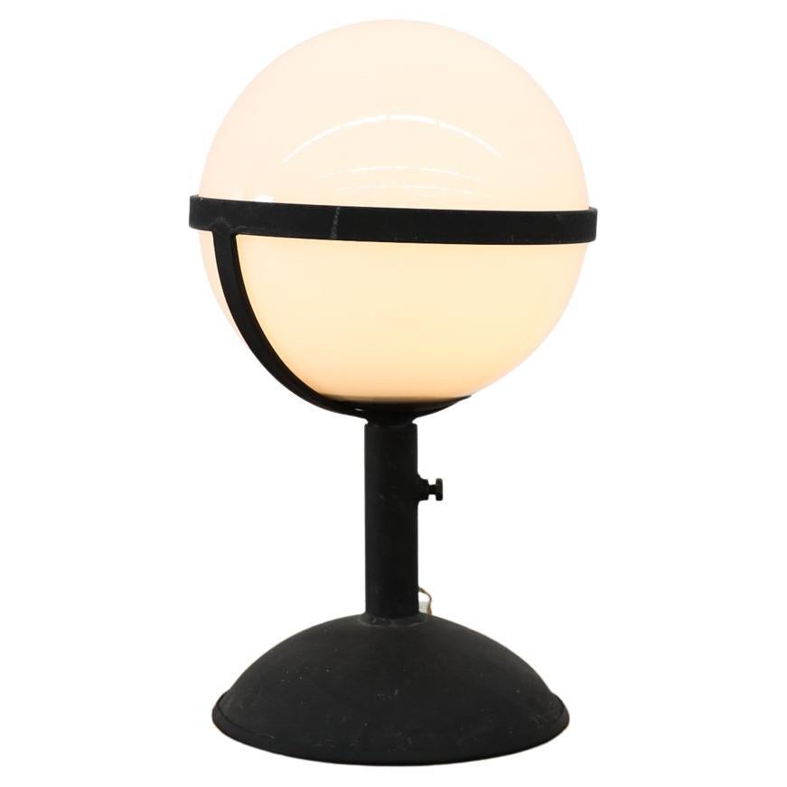 Large Mid-Century Brutalist RAAK Style Steel Table Lamp w/ Opaline Glass Globe For Sale
