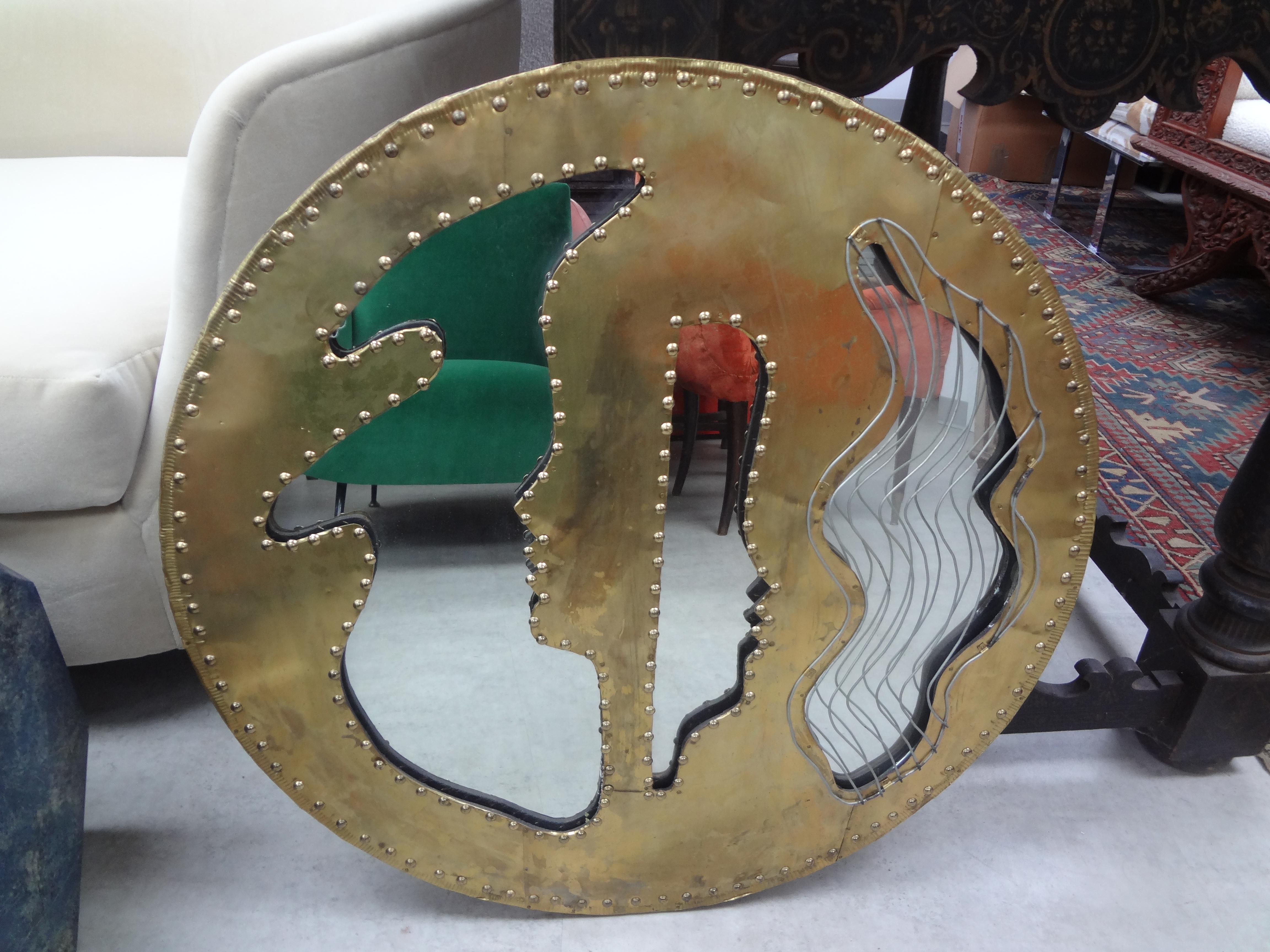 Mid Century Brutalist Riveted Brass Mirror In Good Condition For Sale In Houston, TX