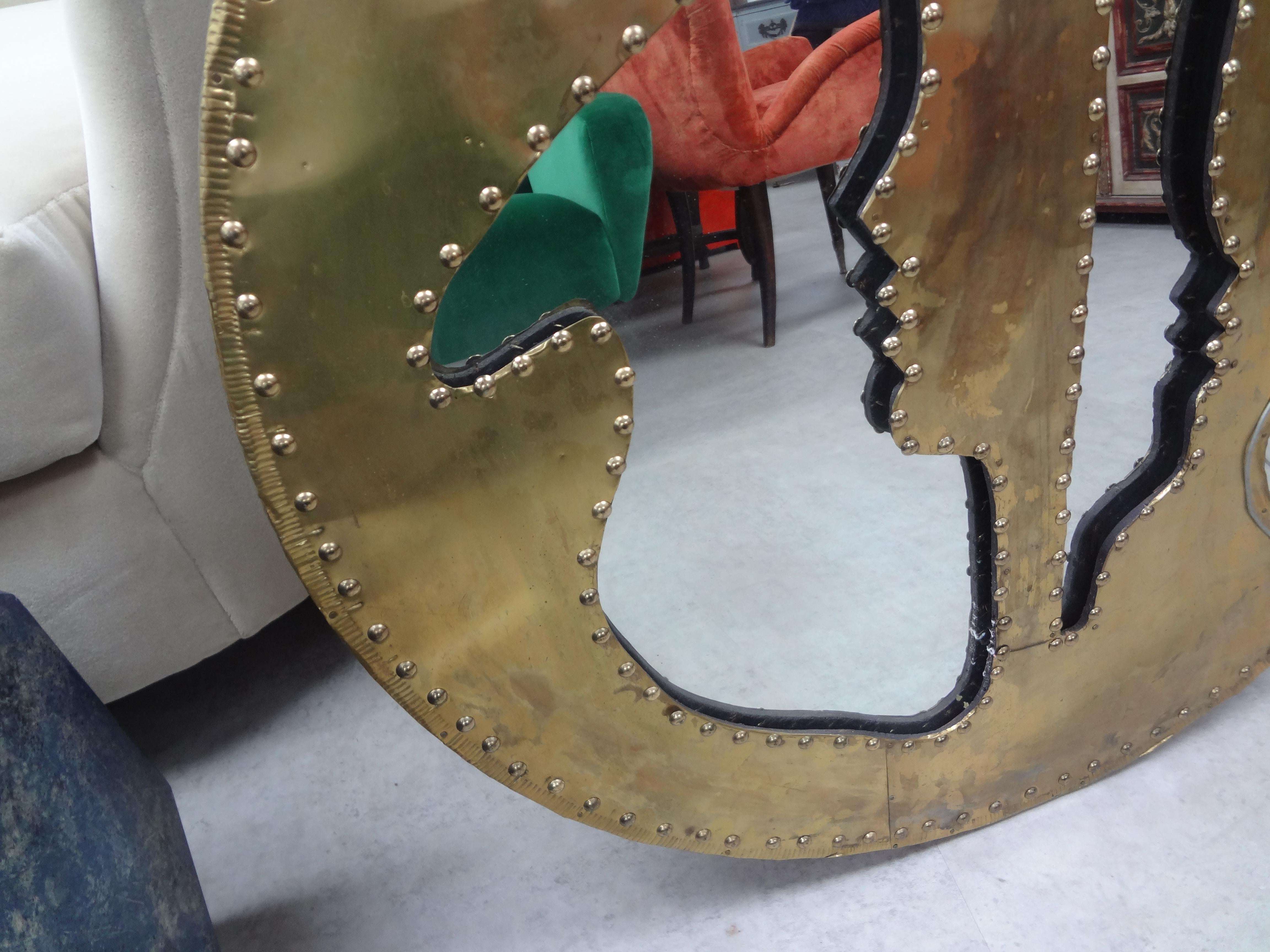 Mid Century Brutalist Riveted Brass Mirror For Sale 1