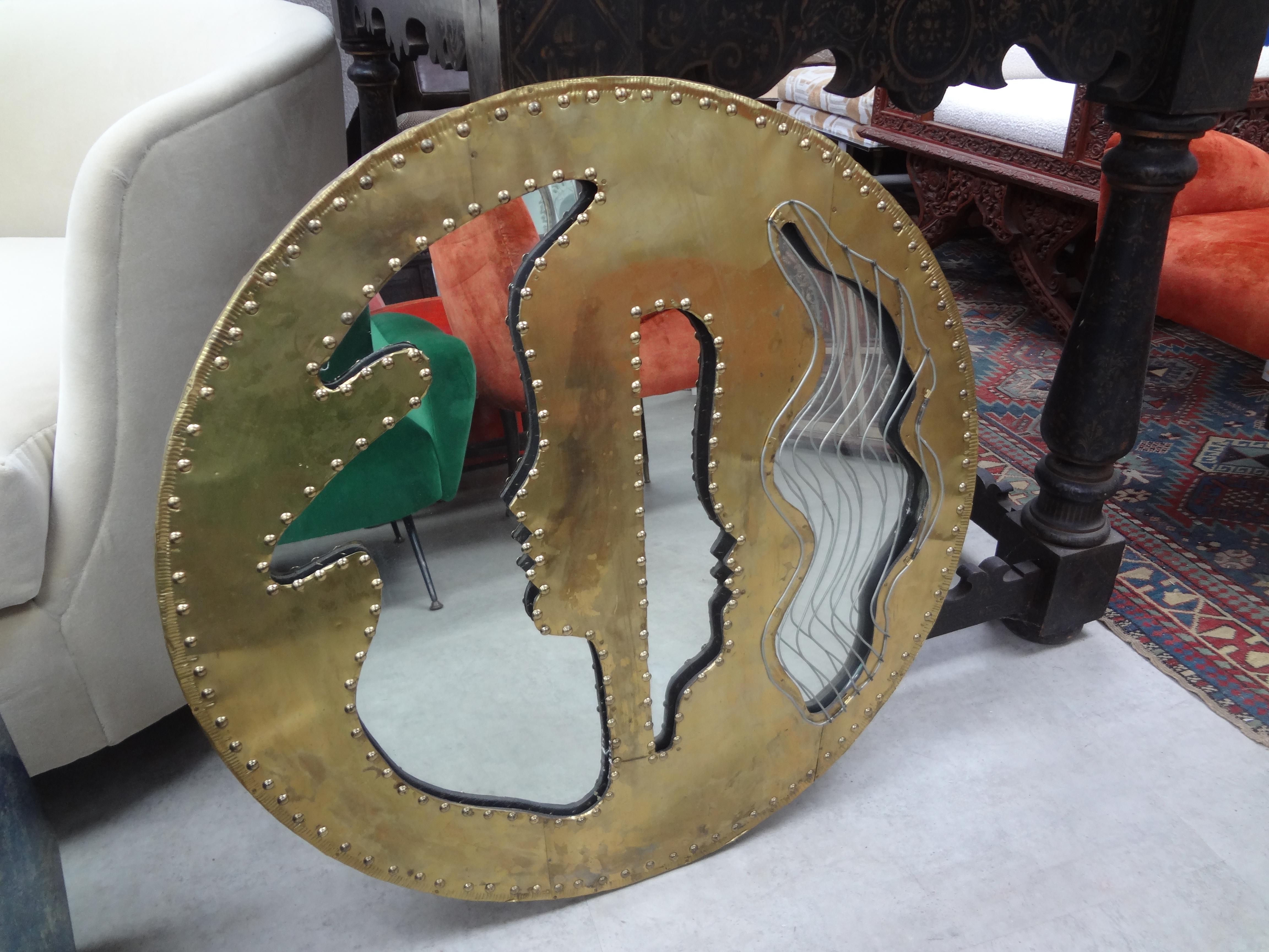 Mid Century Brutalist Riveted Brass Mirror For Sale 2
